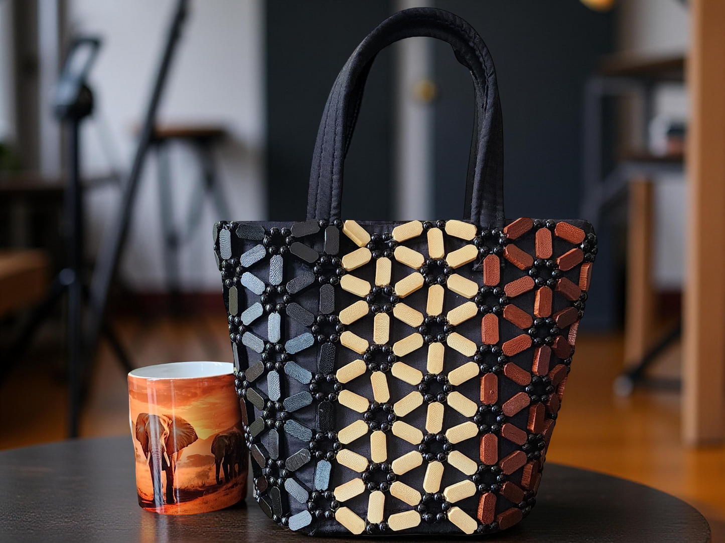 Handmade Beaded Tote Bag – Medium Black & Brown African-Inspired Shoulder Purse for Women