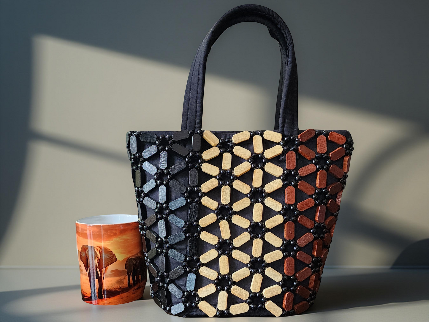 Handmade Beaded Tote Bag – Medium Black & Brown African-Inspired Shoulder Purse for Women