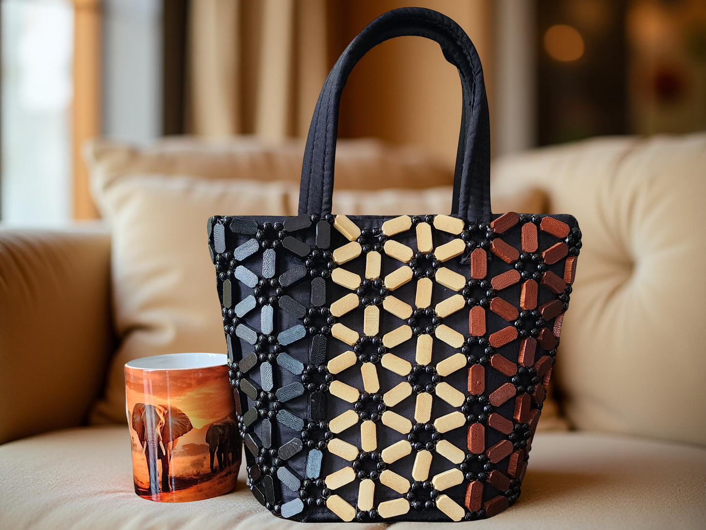 Handmade Beaded Tote Bag – Medium Black & Brown African-Inspired Shoulder Purse for Women
