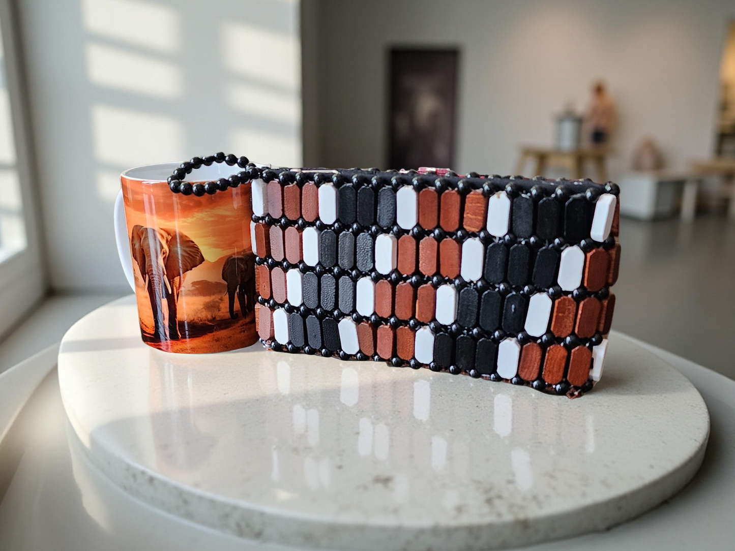 Handmade Beaded Brown black white Clutch Purse – African-Inspired Woven Evening Bag for Women – Black, Brown & White Pattern – Stylish Beadwork Accessory
