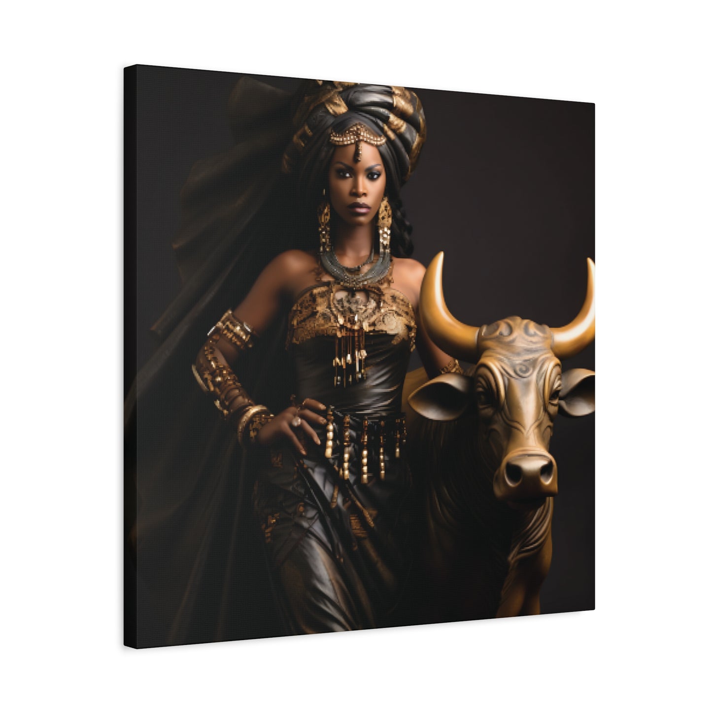 Golden African Queen with Bull – Regal Black Art Canvas for Empowered Spaces, Wall Decor, Home Decoration, Cultural Gift, Unique Artwork, Living Room Art