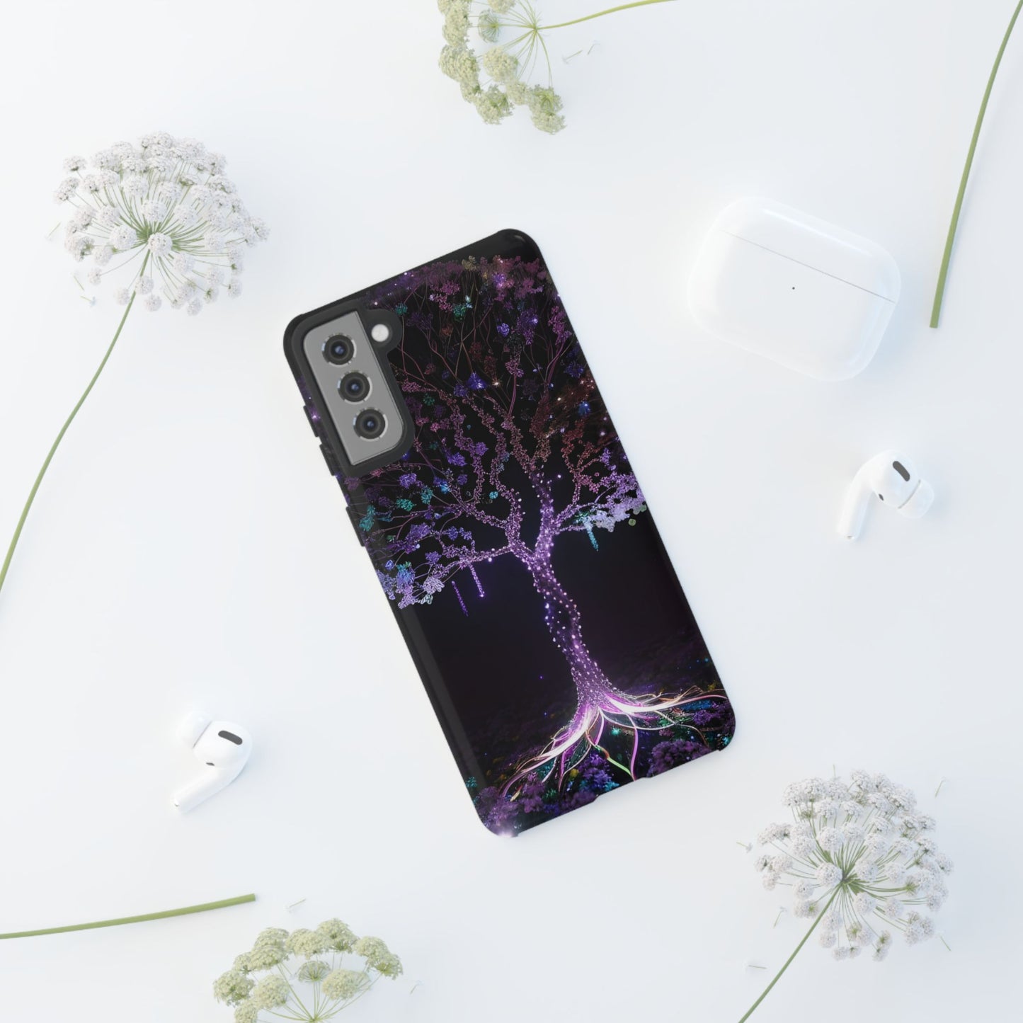 Dark Purple Tree Phone Case – Luminous Nature Art, Mystical Night Design Protective Cove