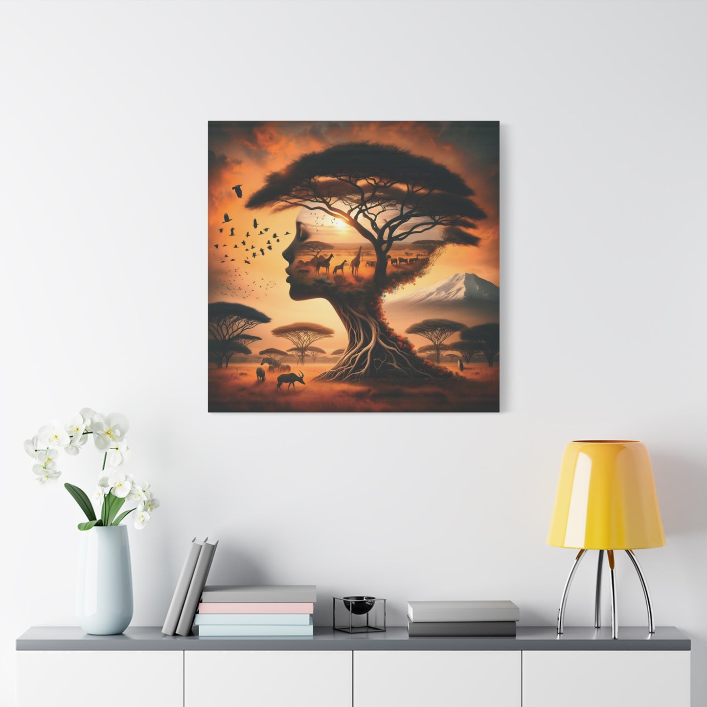Mother Africa Silhouette Tree Art – Afrocentric Safari Wall Print with Wildlife & Mountain Scene - Dreamy Wall Decor for Nature Lovers, Wildlife Artwork,