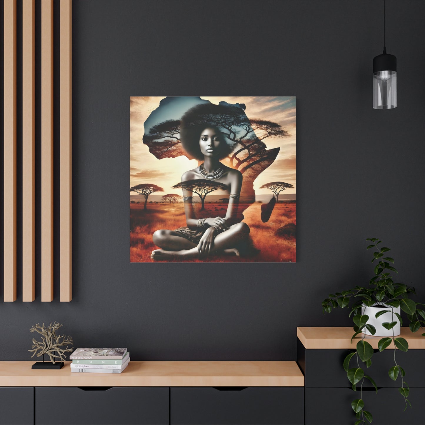 African Queen Canvas Wall Art Print – Afrocentric Woman with Africa Map and Acacia Trees, Ethnic Vibe and Culture Lovers, Living Room Art