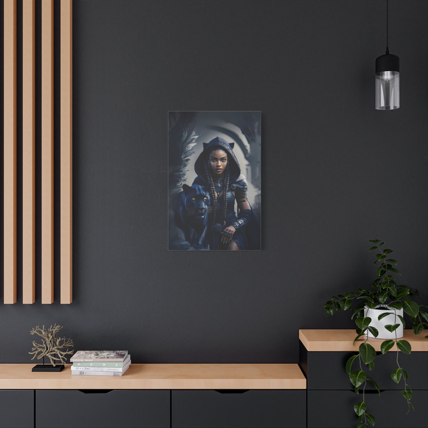 Fantasy Canvas Wall Art - Warrior with Panther, Home Decor, Black Art Print, Gift for Her, Boho Wall Hanging, Magical Room Decor, Afro
