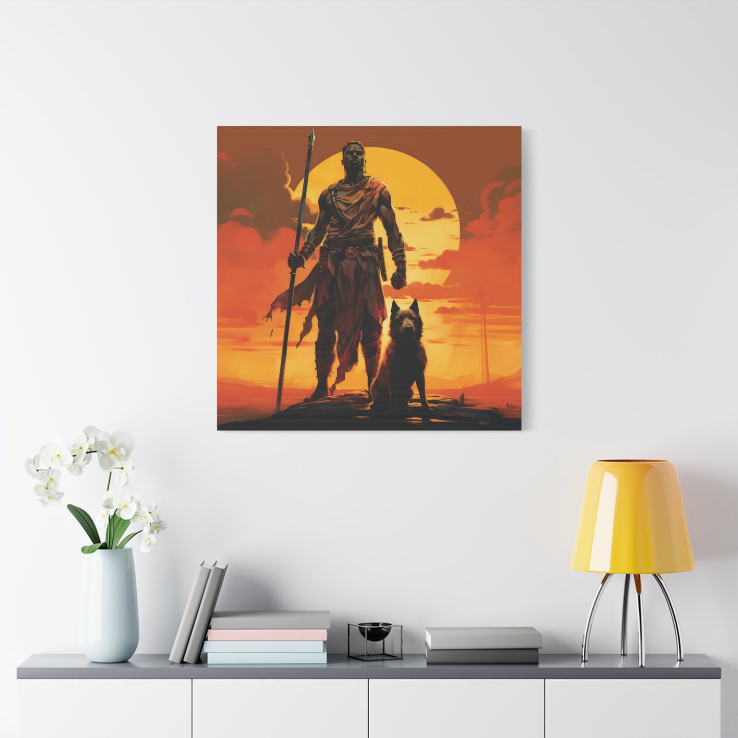 African Warrior and Guardian Dog Canvas artwork Print – Epic Sunset Wall Art for Bold Spaces, Wall Art, Home Decor, Unique Gift, Nature Inspired, Adventure Wall Hanging, Inspirational Art