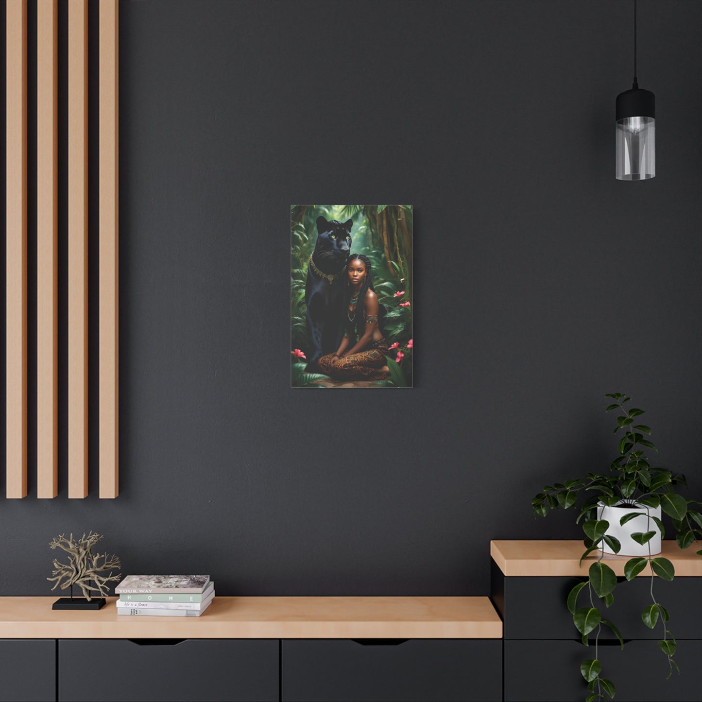 Exotic Jungle Canvas Art Print, Black Panther and Woman Wall Decor, Nature Lover Gift, Bohemian Home Art, Tropical Vibe Decoration, Afro Art