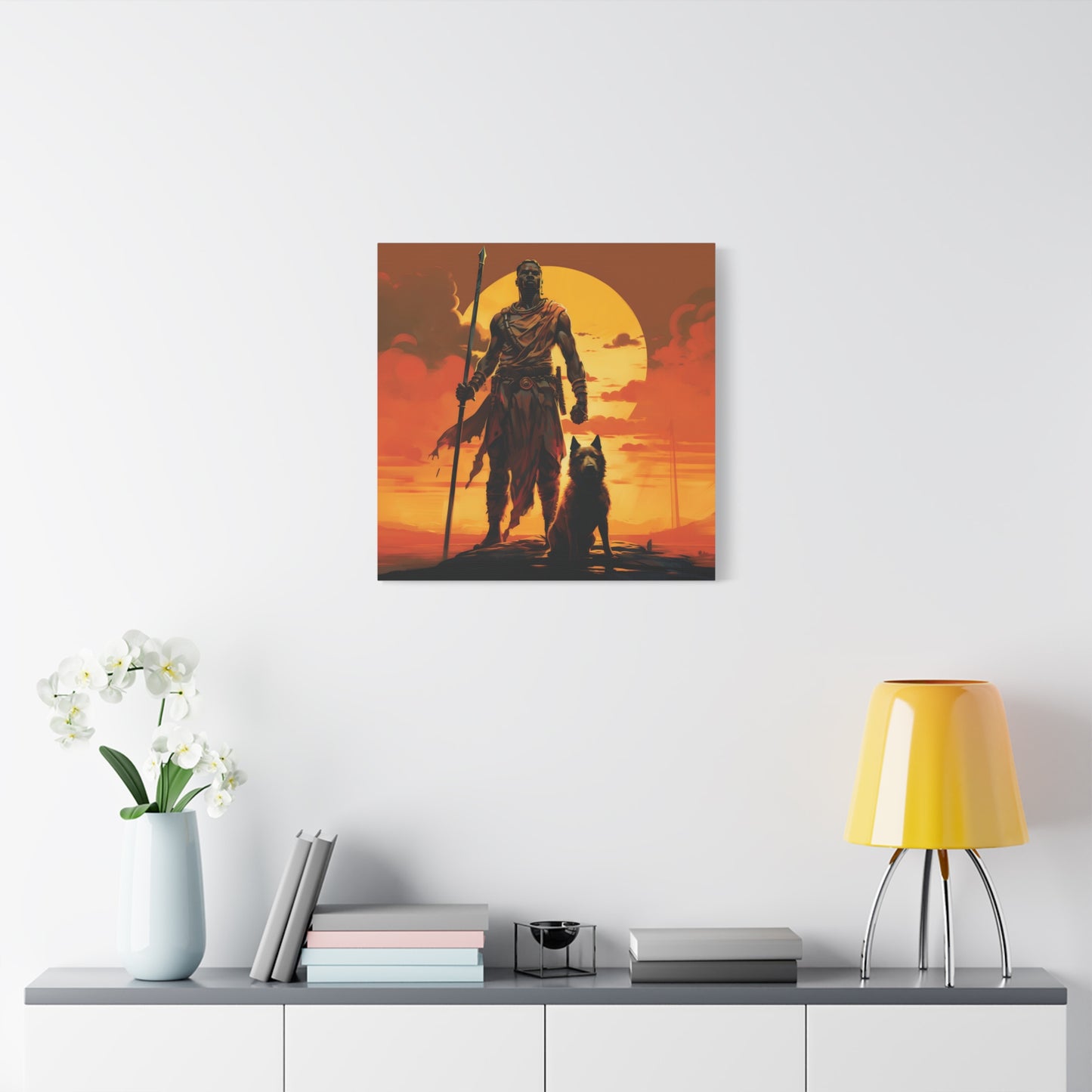African Warrior and Guardian Dog Canvas artwork Print – Epic Sunset Wall Art for Bold Spaces, Wall Art, Home Decor, Unique Gift, Nature Inspired, Adventure Wall Hanging, Inspirational Art