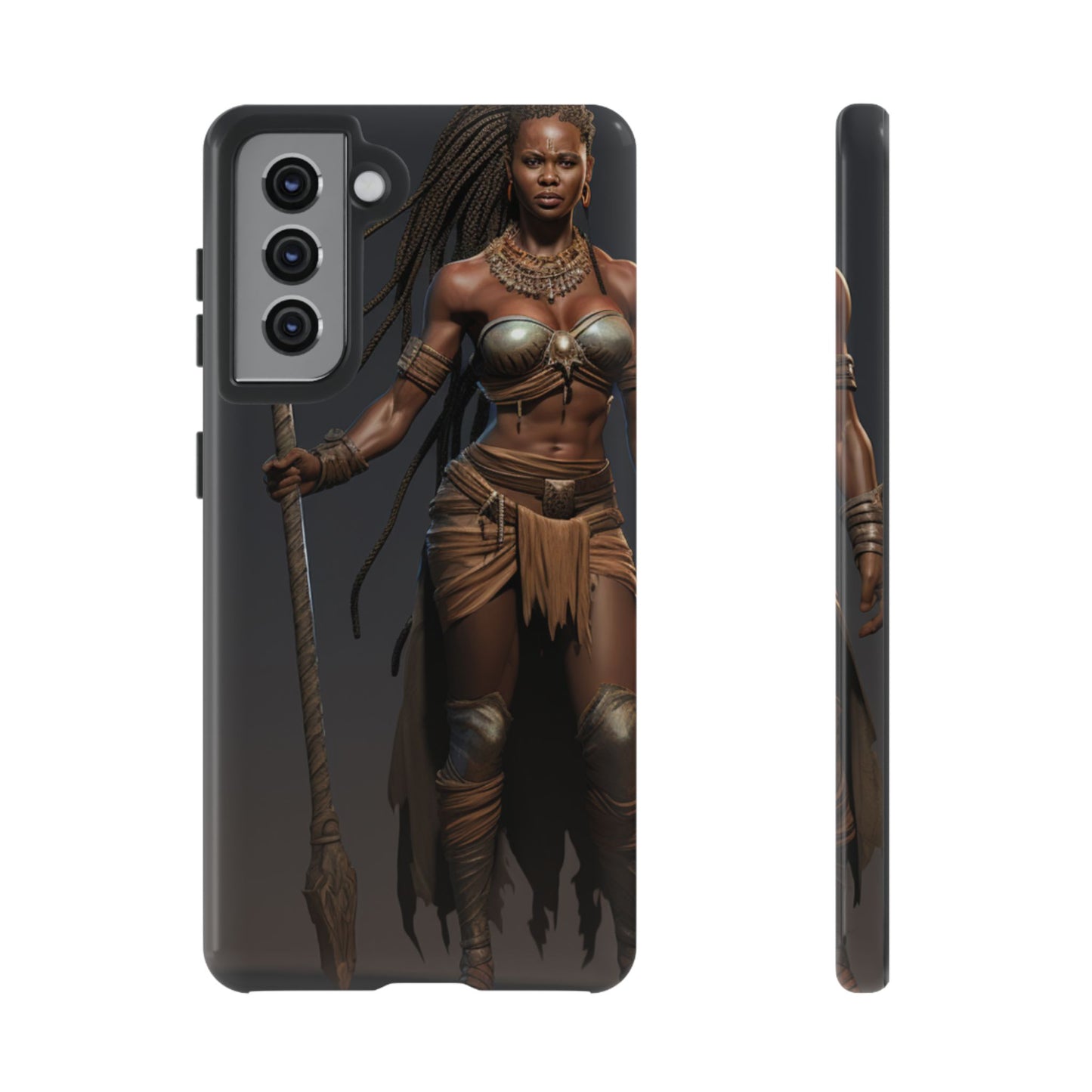 African Female Warrior Phone Case – Powerful Spear-Wielding Tribal Art Design, Bold Protective Cover