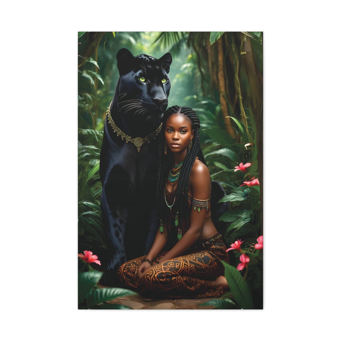 Exotic Jungle Canvas Art Print, Black Panther and Woman Wall Decor, Nature Lover Gift, Bohemian Home Art, Tropical Vibe Decoration, Afro Art