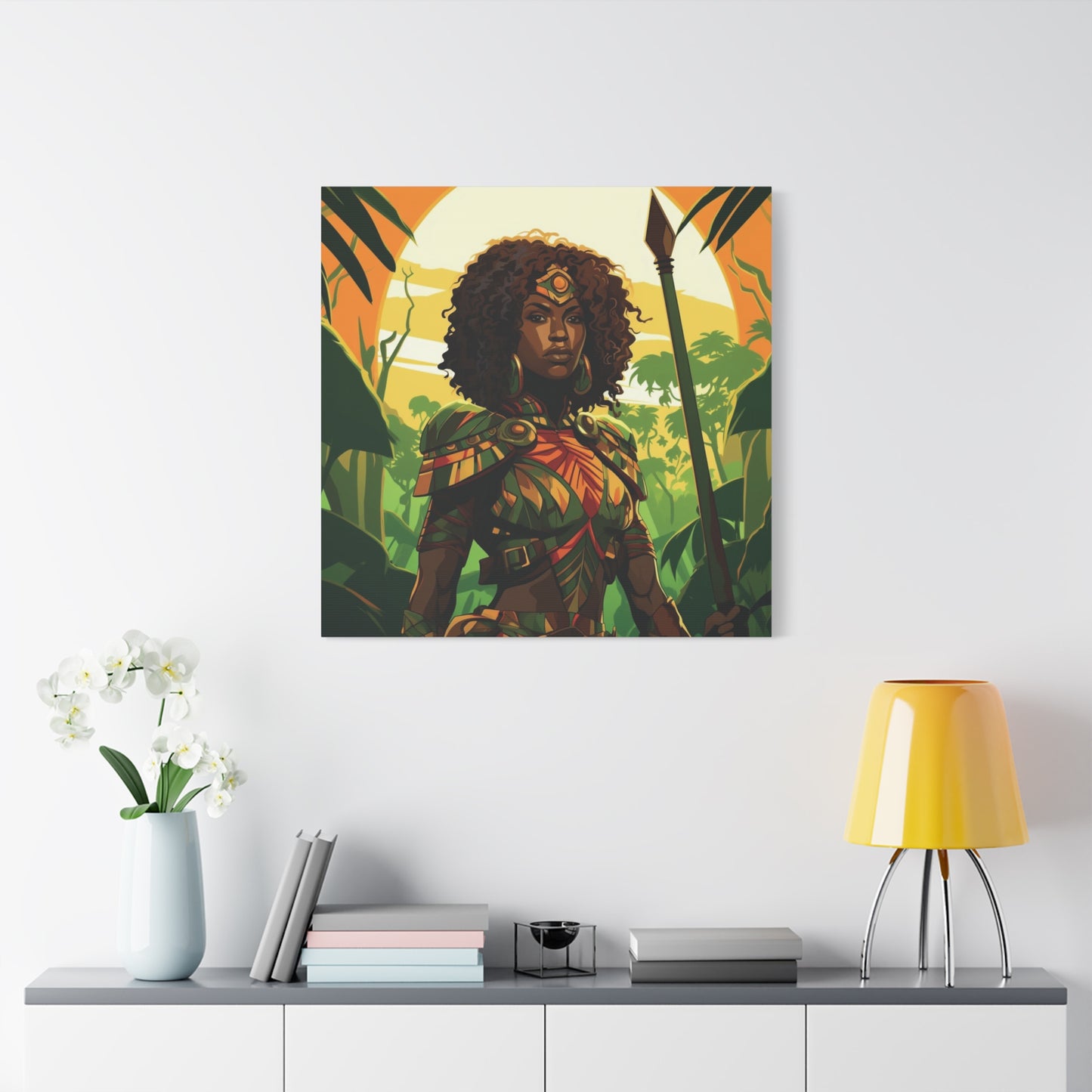 Jungle Warrior Queen Wall Art – Afrocentric Strength & Beauty Canvas Print | Jungle Wall Decor, Ethnic Artwork, Home Gallery, Gift for Art Lovers, Boho Decor