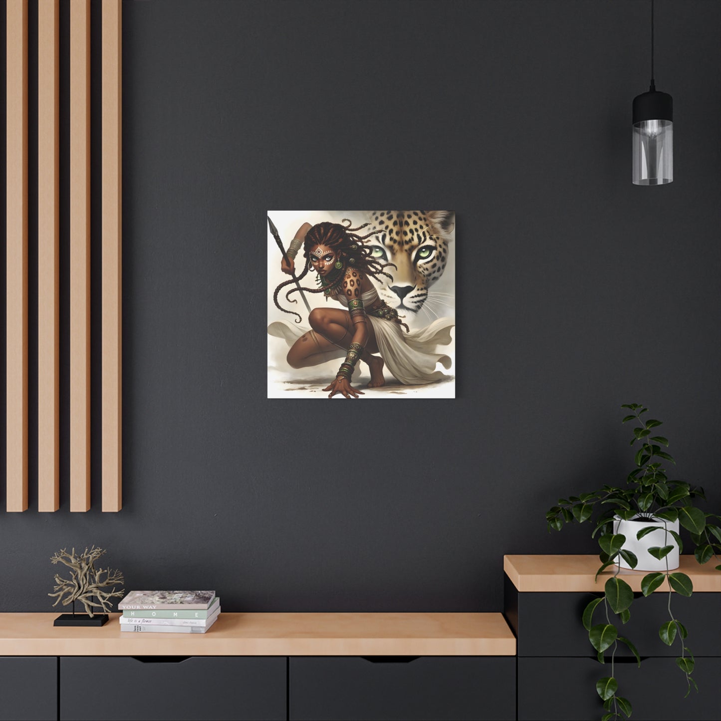 African Warrior Queen and Leopard Art – Empowering Canvas Wall Decor, Jungle Queen, Home Decor, African Art, Nature Inspired