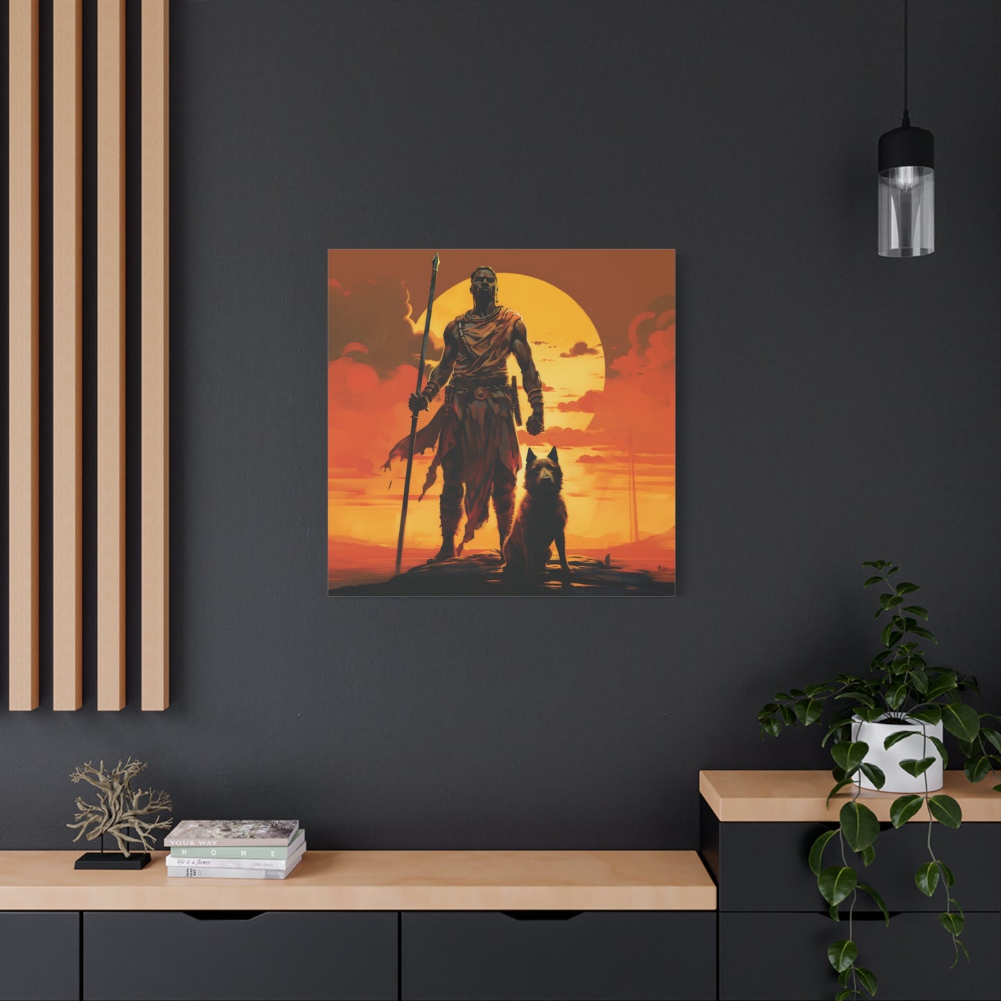 African Warrior and Guardian Dog Canvas artwork Print – Epic Sunset Wall Art for Bold Spaces, Wall Art, Home Decor, Unique Gift, Nature Inspired, Adventure Wall Hanging, Inspirational Art