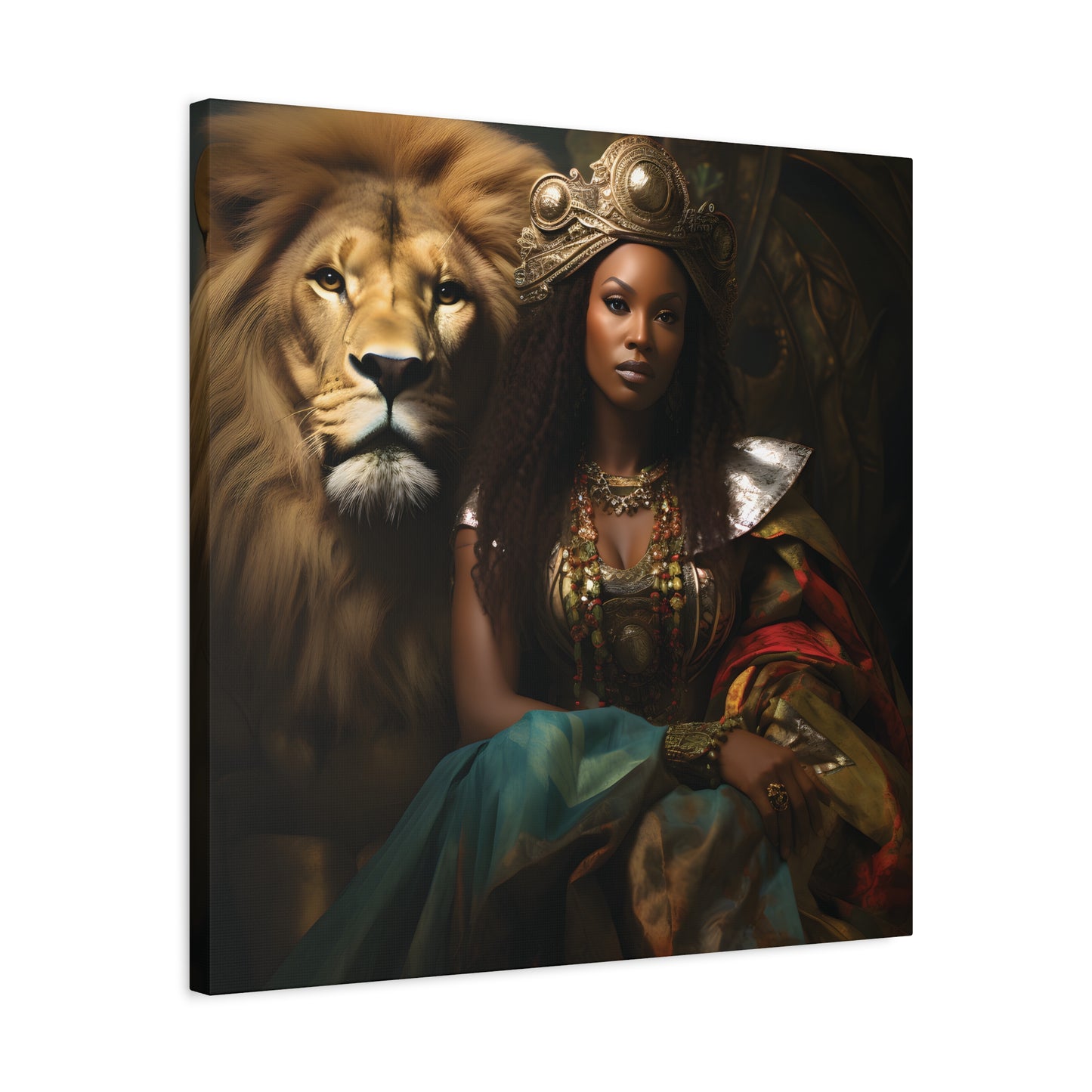 African Queen and Lion Royal Portrait – Regal Afrocentric Wall Art Print, Home Decor, Gift for Animal Lovers, Royalty Theme, Artful Decor