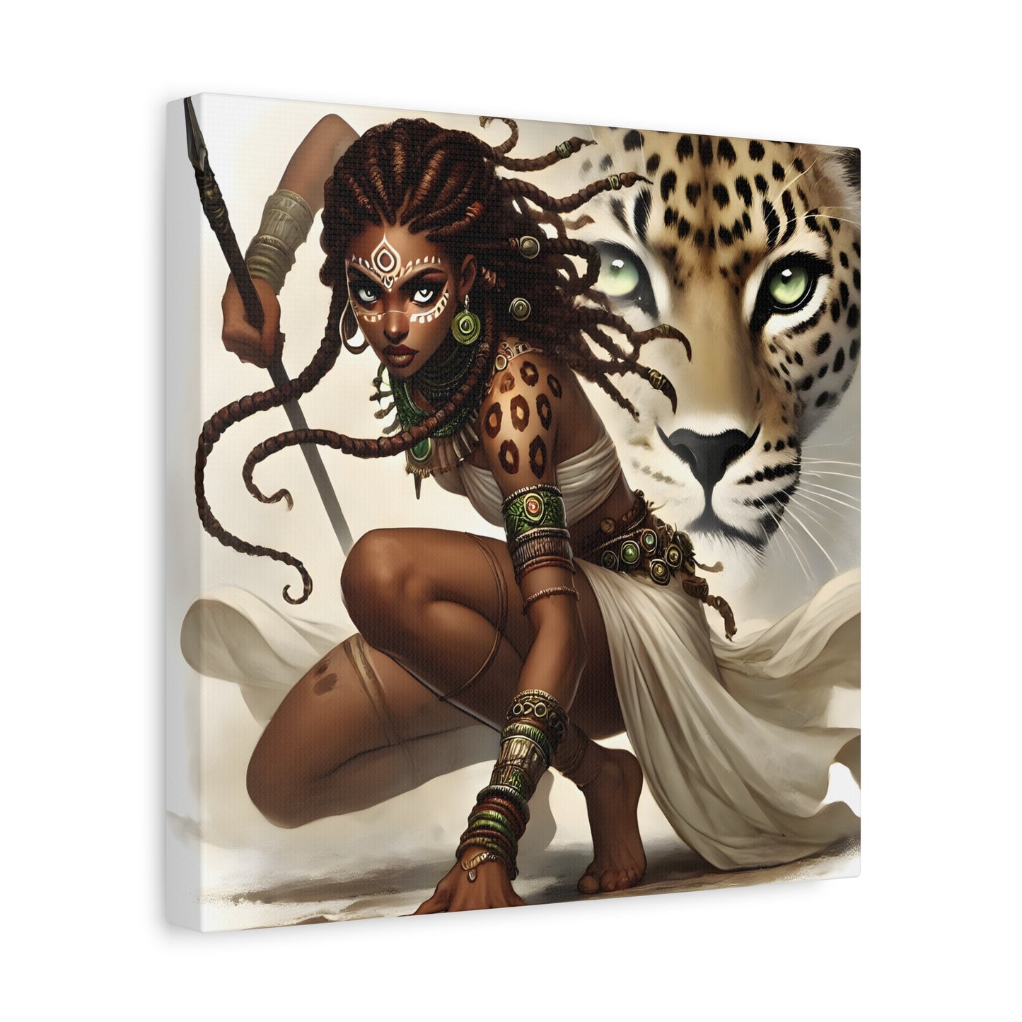 African Warrior Queen and Leopard Art – Empowering Canvas Wall Decor, Jungle Queen, Home Decor, African Art, Nature Inspired