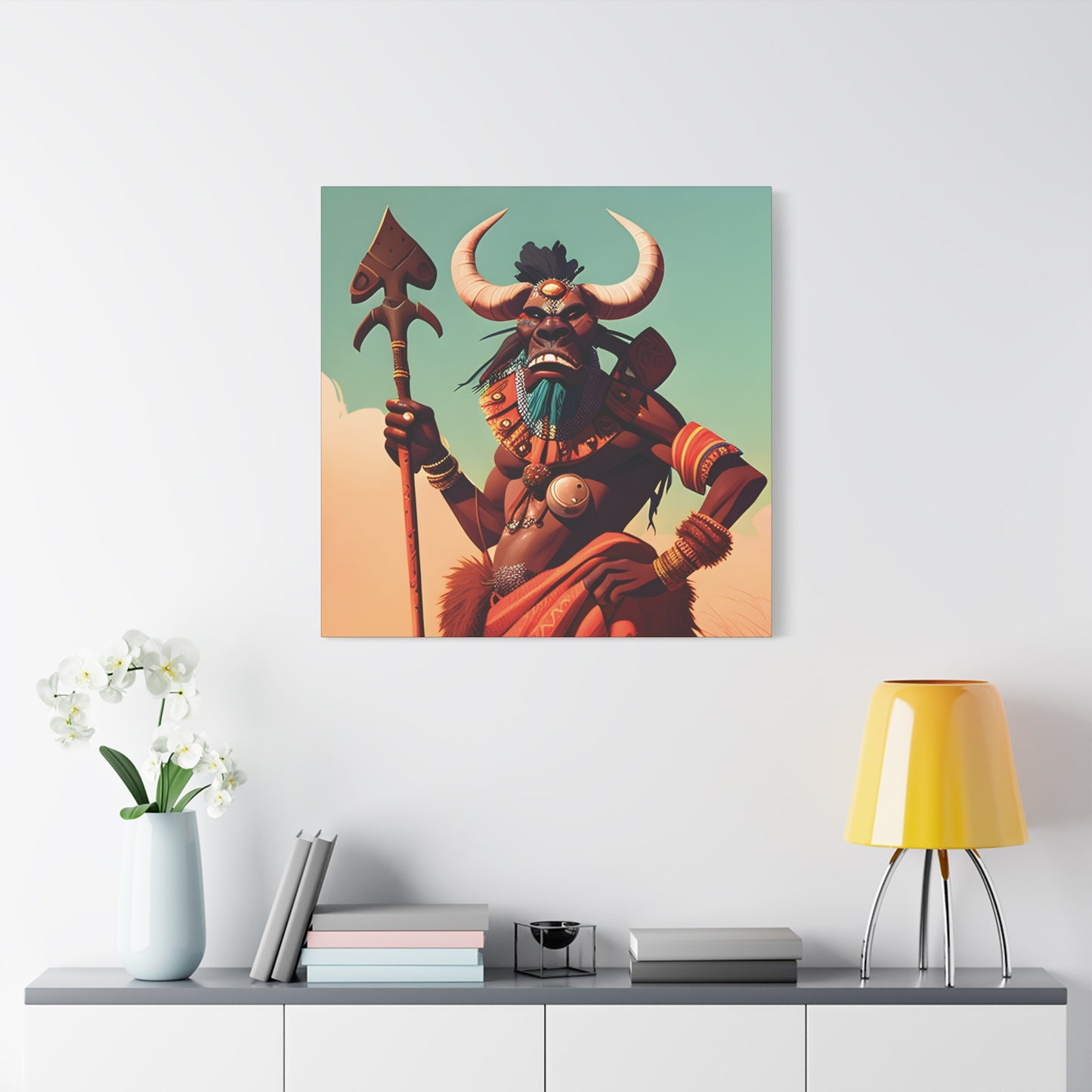 Bold African Tribal Warrior Canvas Art Print, Tribal Wall Decor, Cultural Artwork, Boho Home Decor, Unique Gifts for Him,Warrior Bull Spirit Art