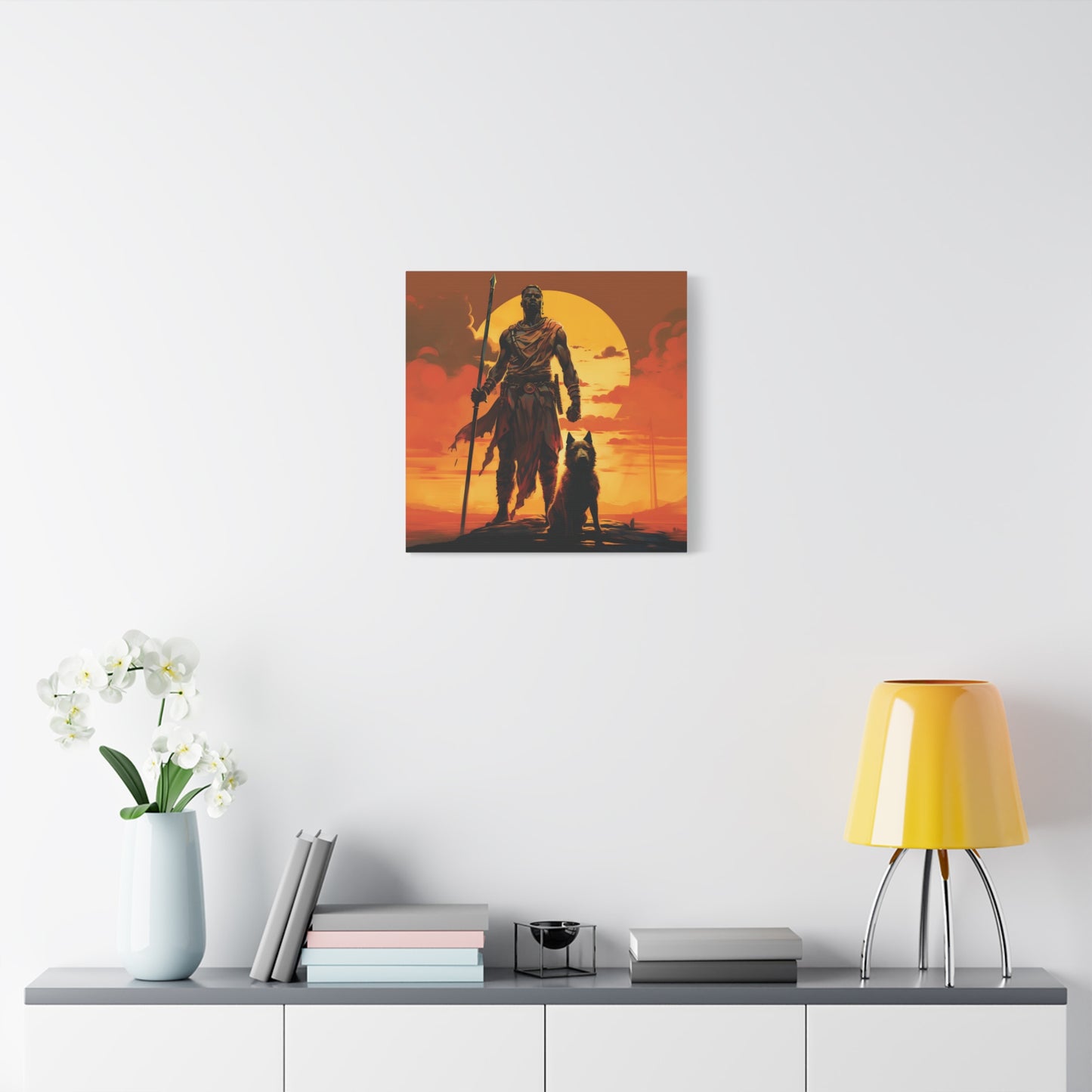 African Warrior and Guardian Dog Canvas artwork Print – Epic Sunset Wall Art for Bold Spaces, Wall Art, Home Decor, Unique Gift, Nature Inspired, Adventure Wall Hanging, Inspirational Art