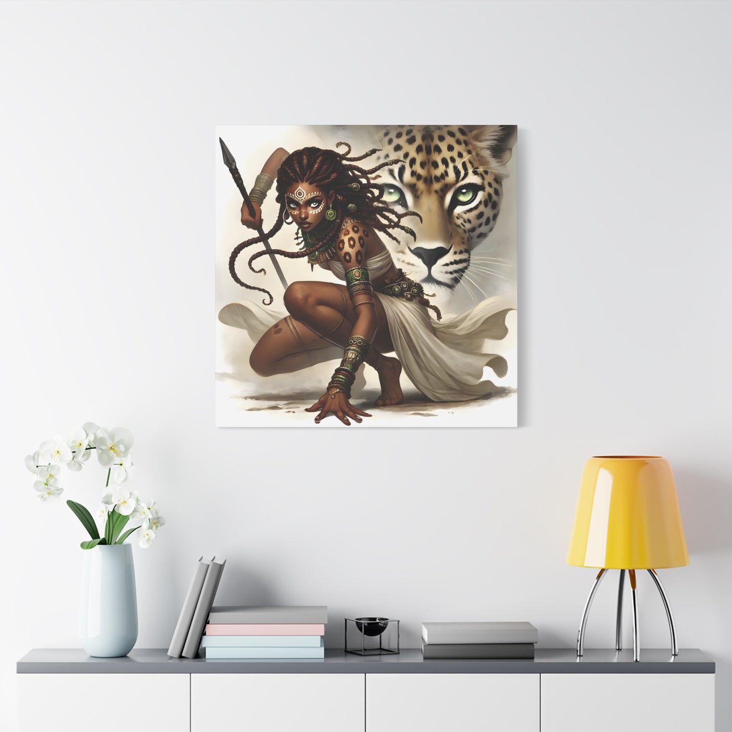 African Warrior Queen and Leopard Art – Empowering Canvas Wall Decor, Jungle Queen, Home Decor, African Art, Nature Inspired
