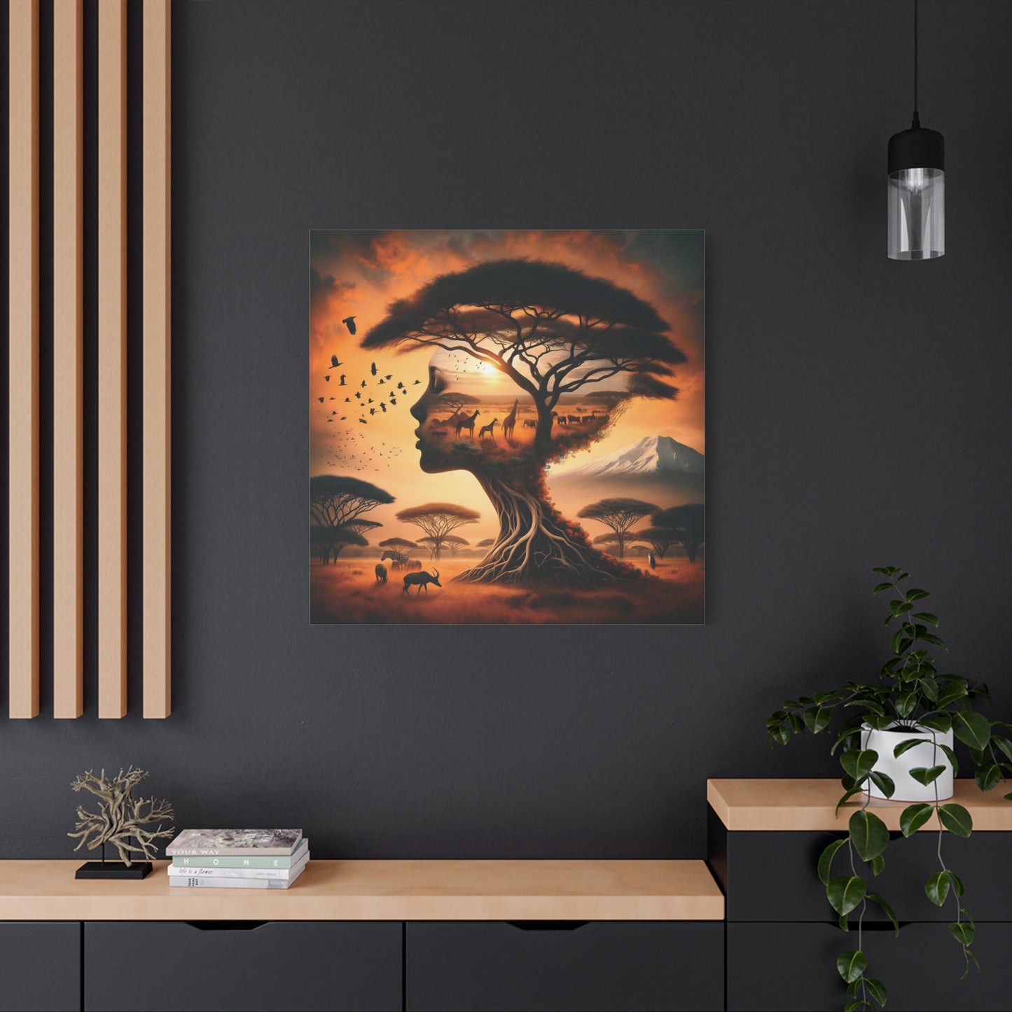Mother Africa Silhouette Tree Art – Afrocentric Safari Wall Print with Wildlife & Mountain Scene - Dreamy Wall Decor for Nature Lovers, Wildlife Artwork,