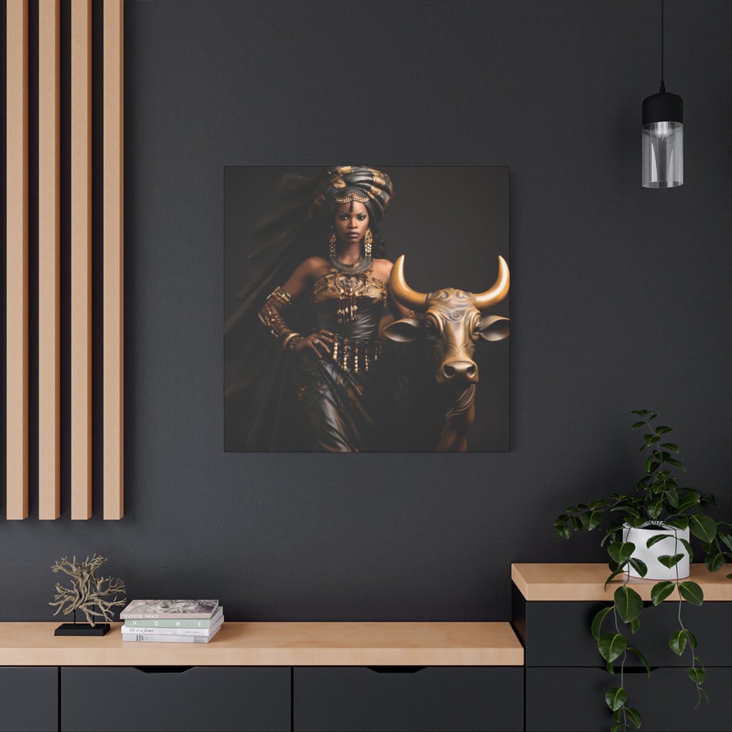 Golden African Queen with Bull – Regal Black Art Canvas for Empowered Spaces, Wall Decor, Home Decoration, Cultural Gift, Unique Artwork, Living Room Art