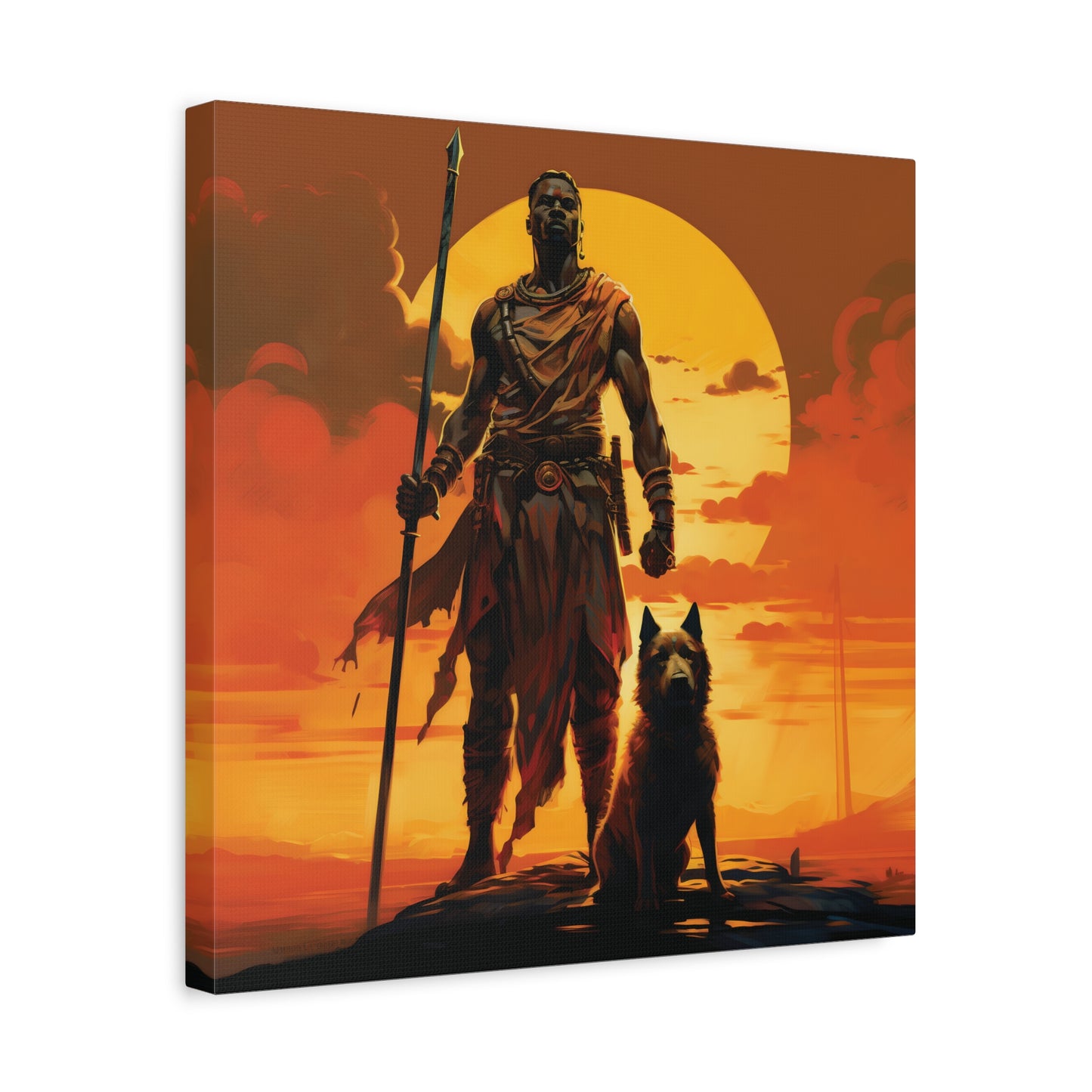 African Warrior and Guardian Dog Canvas artwork Print – Epic Sunset Wall Art for Bold Spaces, Wall Art, Home Decor, Unique Gift, Nature Inspired, Adventure Wall Hanging, Inspirational Art