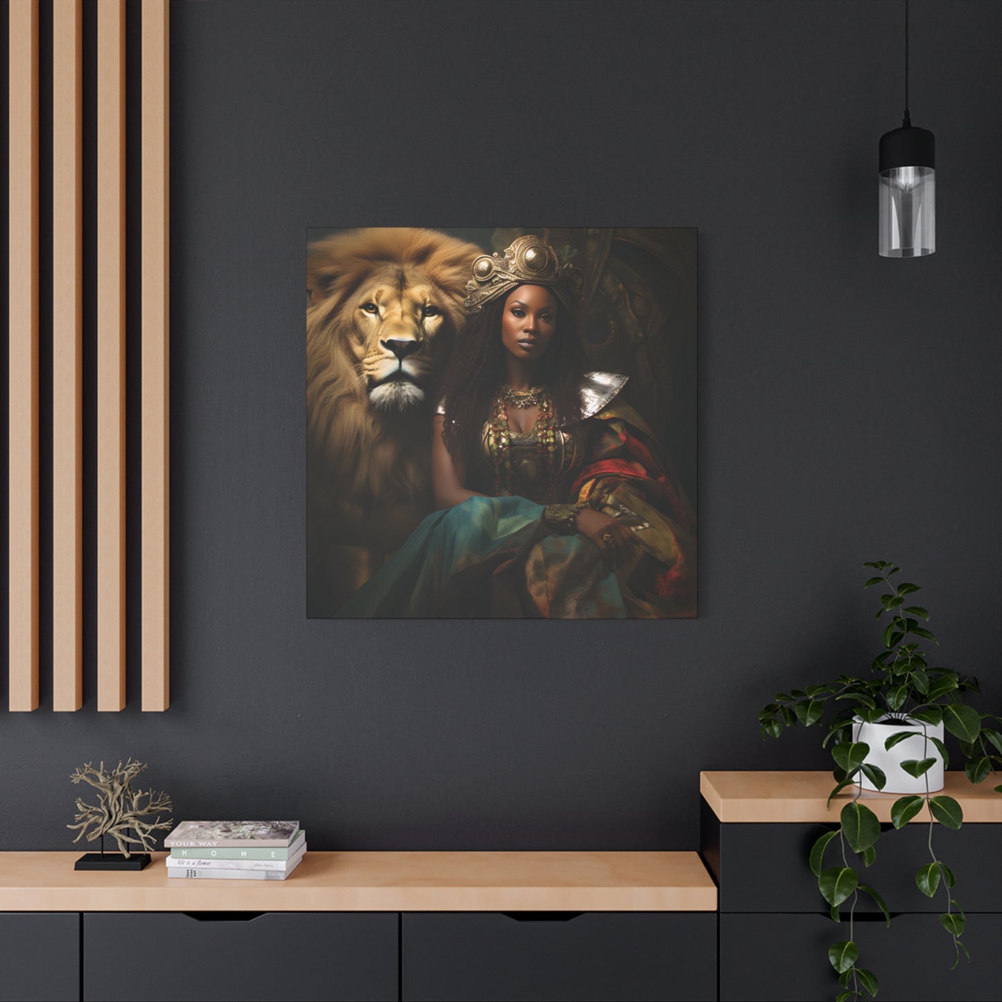 African Queen and Lion Royal Portrait – Regal Afrocentric Wall Art Print, Home Decor, Gift for Animal Lovers, Royalty Theme, Artful Decor