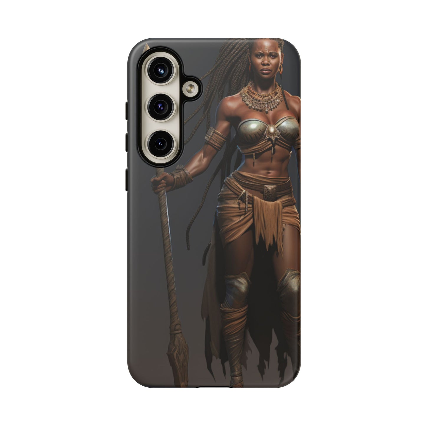 African Female Warrior Phone Case – Powerful Spear-Wielding Tribal Art Design, Bold Protective Cover