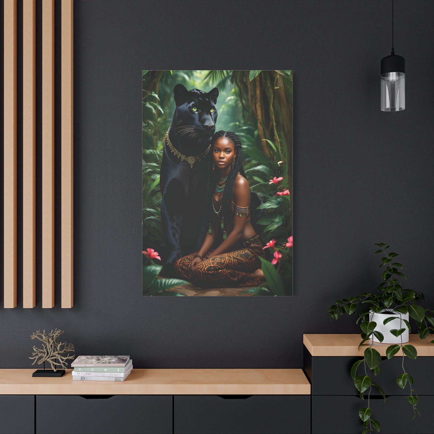 Exotic Jungle Canvas Art Print, Black Panther and Woman Wall Decor, Nature Lover Gift, Bohemian Home Art, Tropical Vibe Decoration, Afro Art