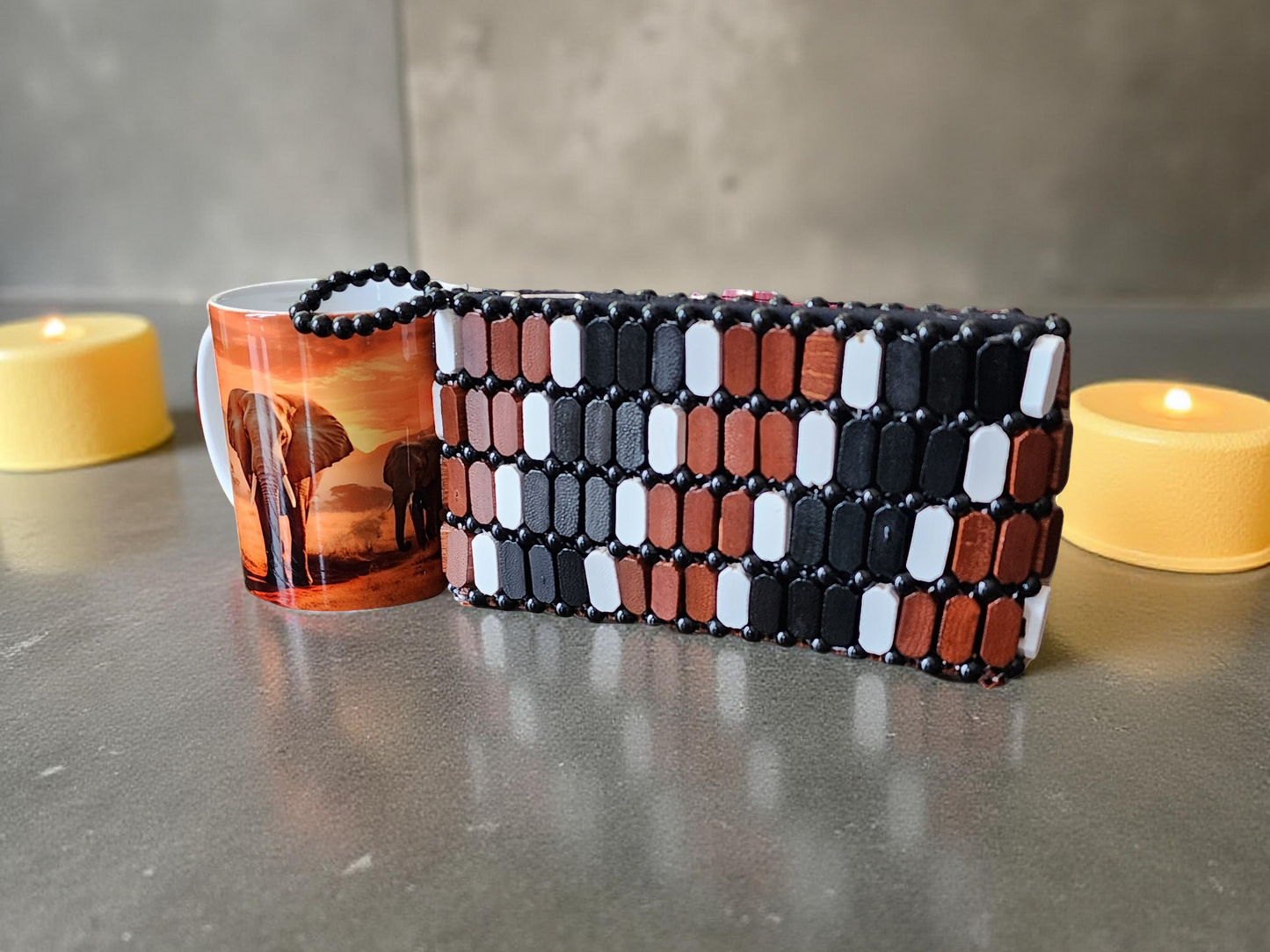 Handmade Beaded Brown black white Clutch Purse – African-Inspired Woven Evening Bag for Women – Black, Brown & White Pattern – Stylish Beadwork Accessory