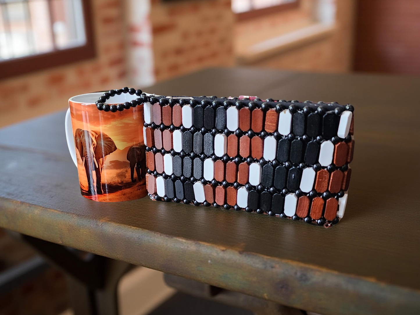 Handmade Beaded Brown black white Clutch Purse – African-Inspired Woven Evening Bag for Women – Black, Brown & White Pattern – Stylish Beadwork Accessory