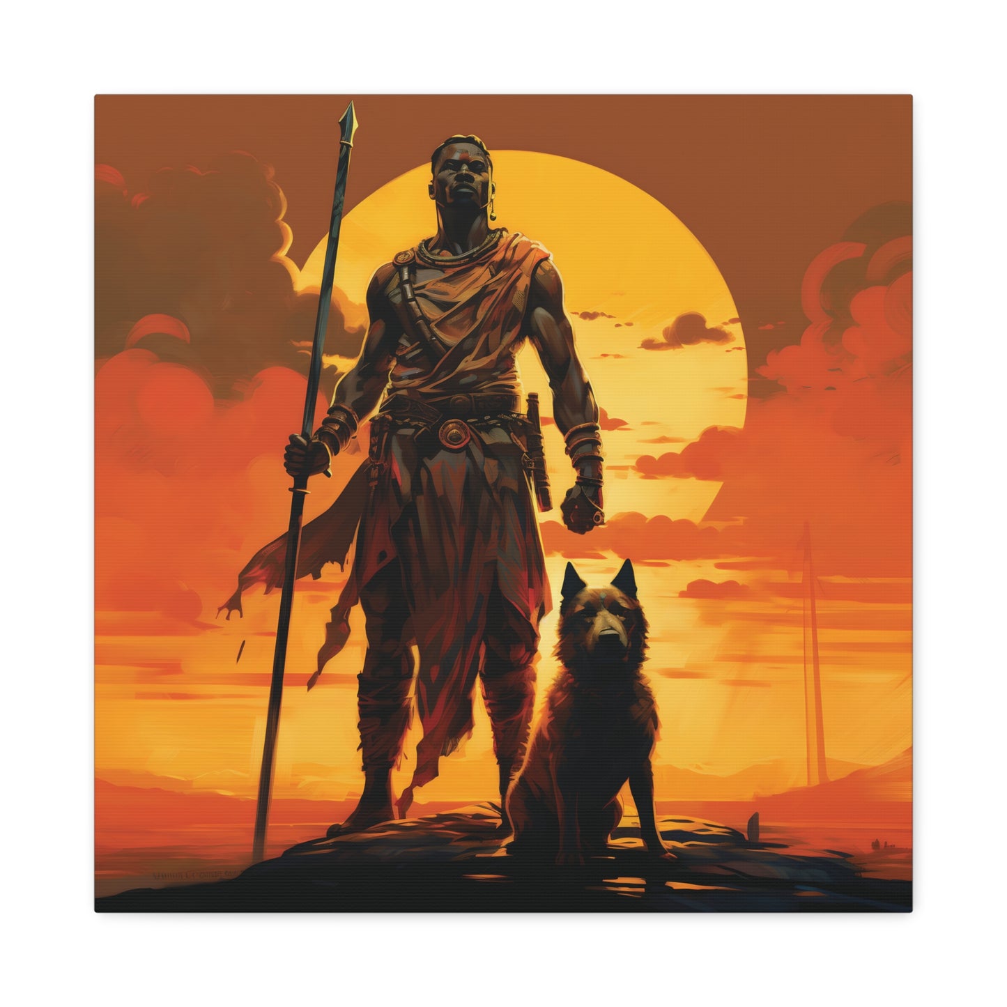 African Warrior and Guardian Dog Canvas artwork Print – Epic Sunset Wall Art for Bold Spaces, Wall Art, Home Decor, Unique Gift, Nature Inspired, Adventure Wall Hanging, Inspirational Art