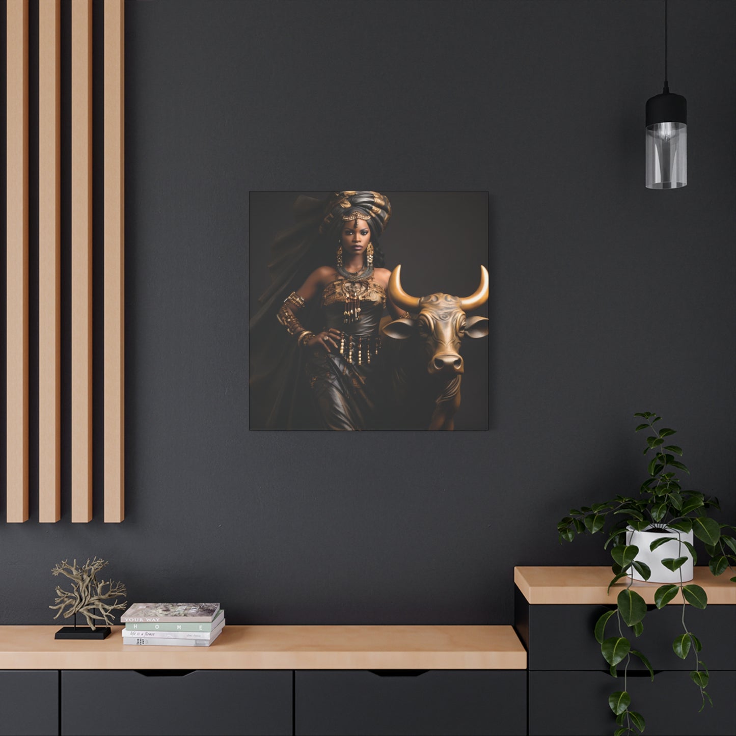 Golden African Queen with Bull – Regal Black Art Canvas for Empowered Spaces, Wall Decor, Home Decoration, Cultural Gift, Unique Artwork, Living Room Art