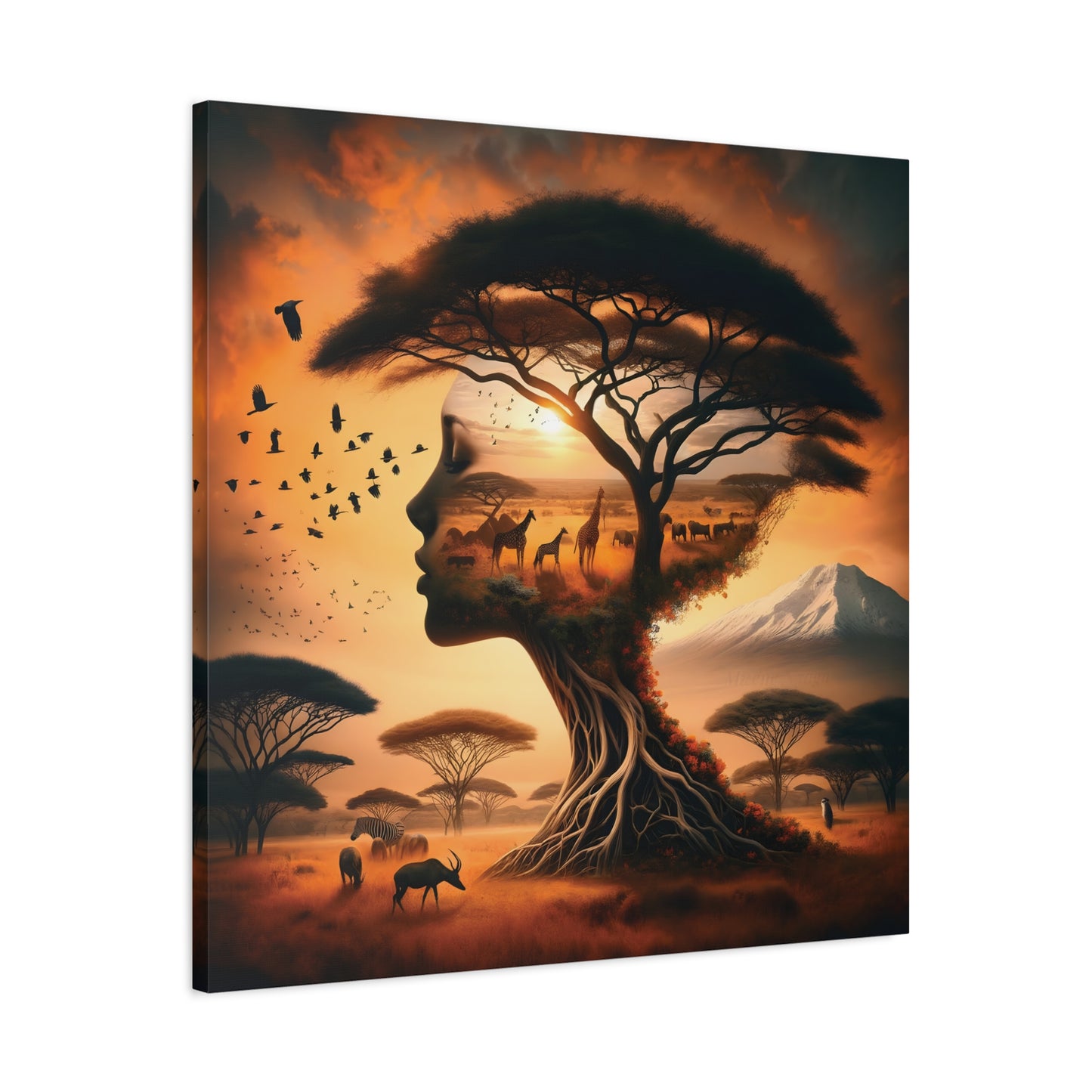 Mother Africa Silhouette Tree Art – Afrocentric Safari Wall Print with Wildlife & Mountain Scene - Dreamy Wall Decor for Nature Lovers, Wildlife Artwork,
