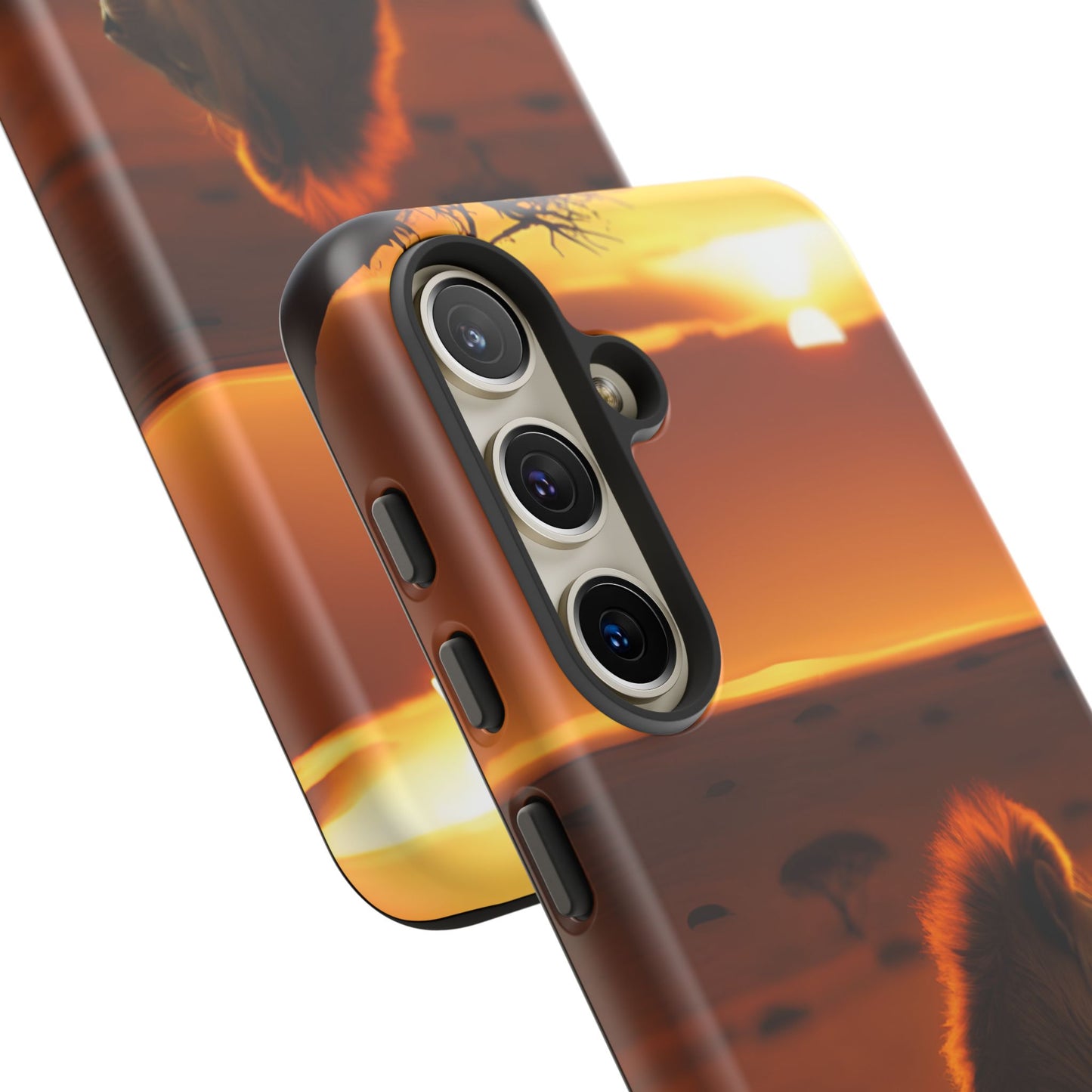 Lion Sunset Phone Case – Majestic Wildlife Art with Tree Silhouette, Safari-Inspired Protective Cover