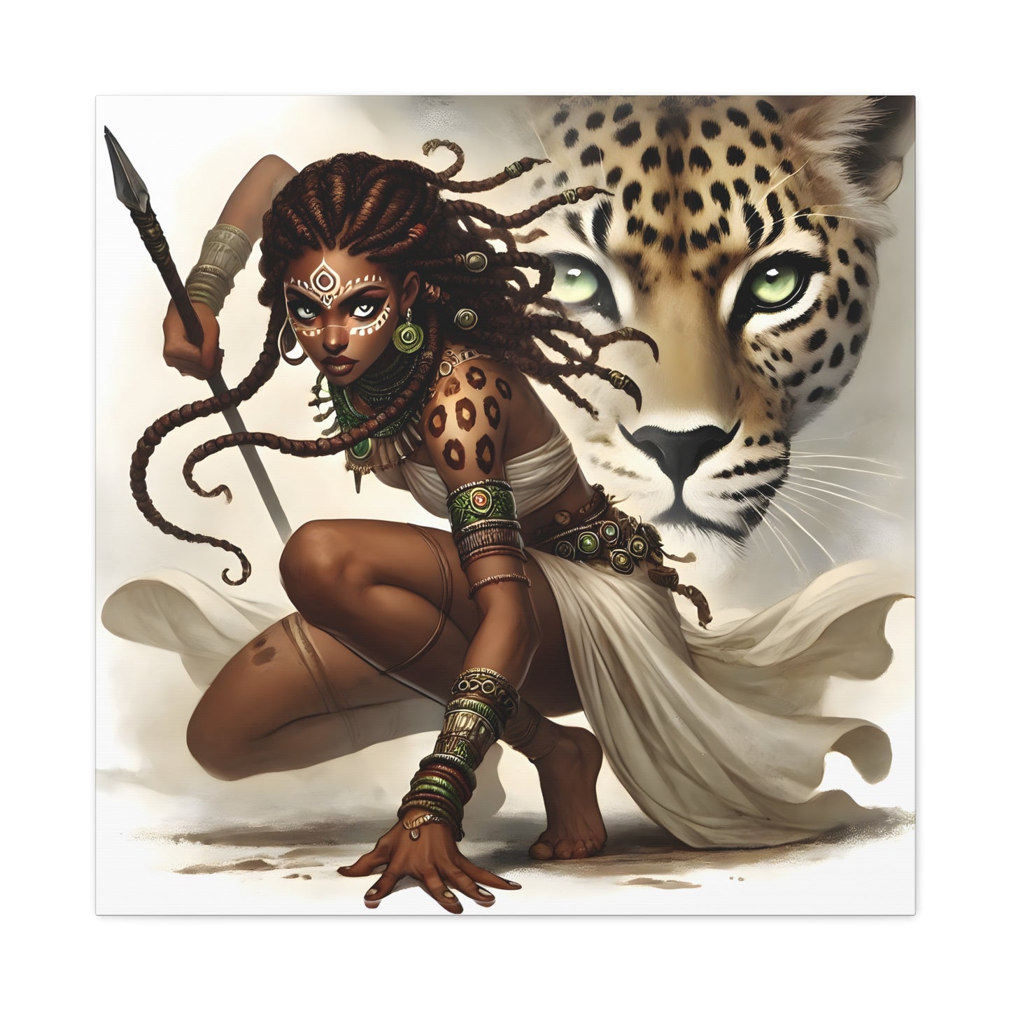African Warrior Queen and Leopard Art – Empowering Canvas Wall Decor, Jungle Queen, Home Decor, African Art, Nature Inspired