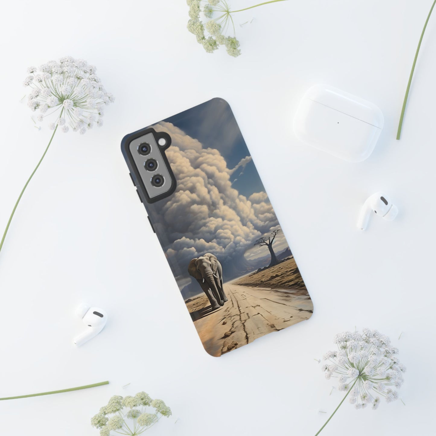 Elephant on Old Road Phone Case – Majestic Wildlife Art with Dramatic Cloud, Nature-Inspired Protective Cover