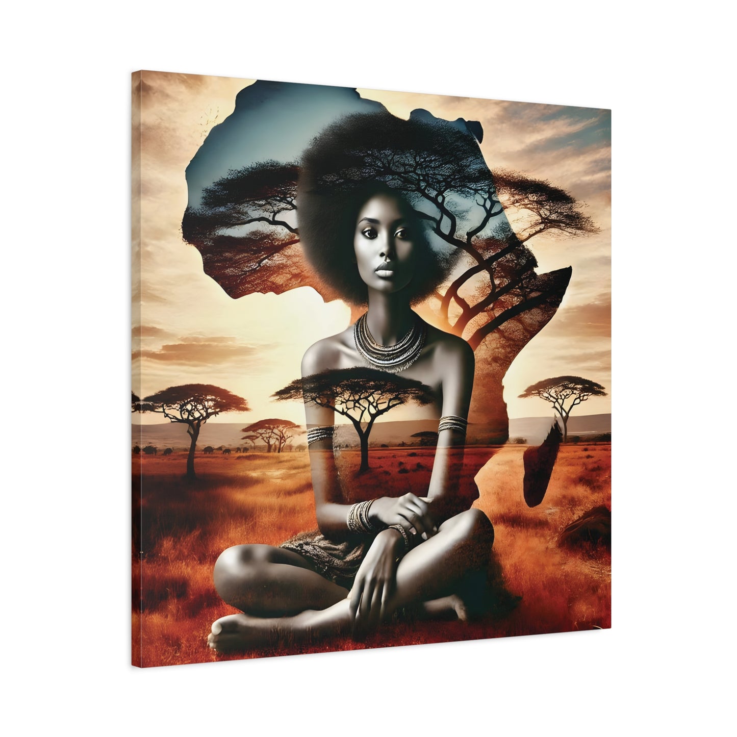 African Queen Canvas Wall Art Print – Afrocentric Woman with Africa Map and Acacia Trees, Ethnic Vibe and Culture Lovers, Living Room Art