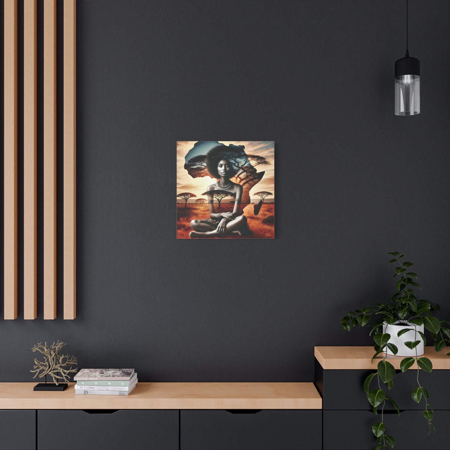 African Queen Canvas Wall Art Print – Afrocentric Woman with Africa Map and Acacia Trees, Ethnic Vibe and Culture Lovers, Living Room Art