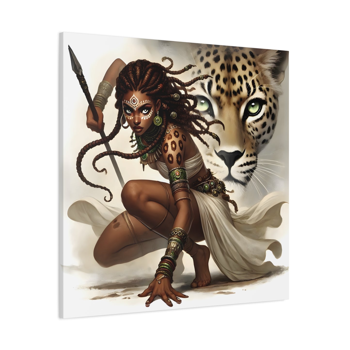 African Warrior Queen and Leopard Art – Empowering Canvas Wall Decor, Jungle Queen, Home Decor, African Art, Nature Inspired