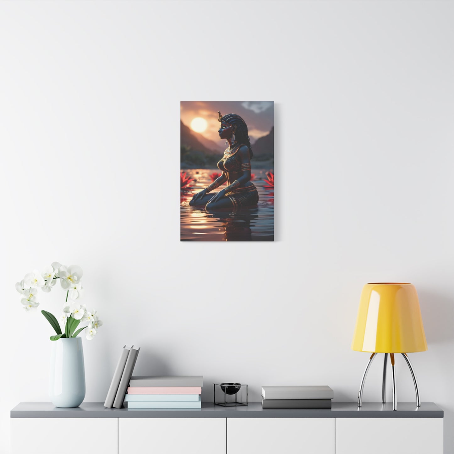 African Goddess Wall Art – Black Queen in Water at Sunset | Afrocentric Spiritual Decor, Unique Gift for Her, Yoga Studio Decor, Inspirational Decor