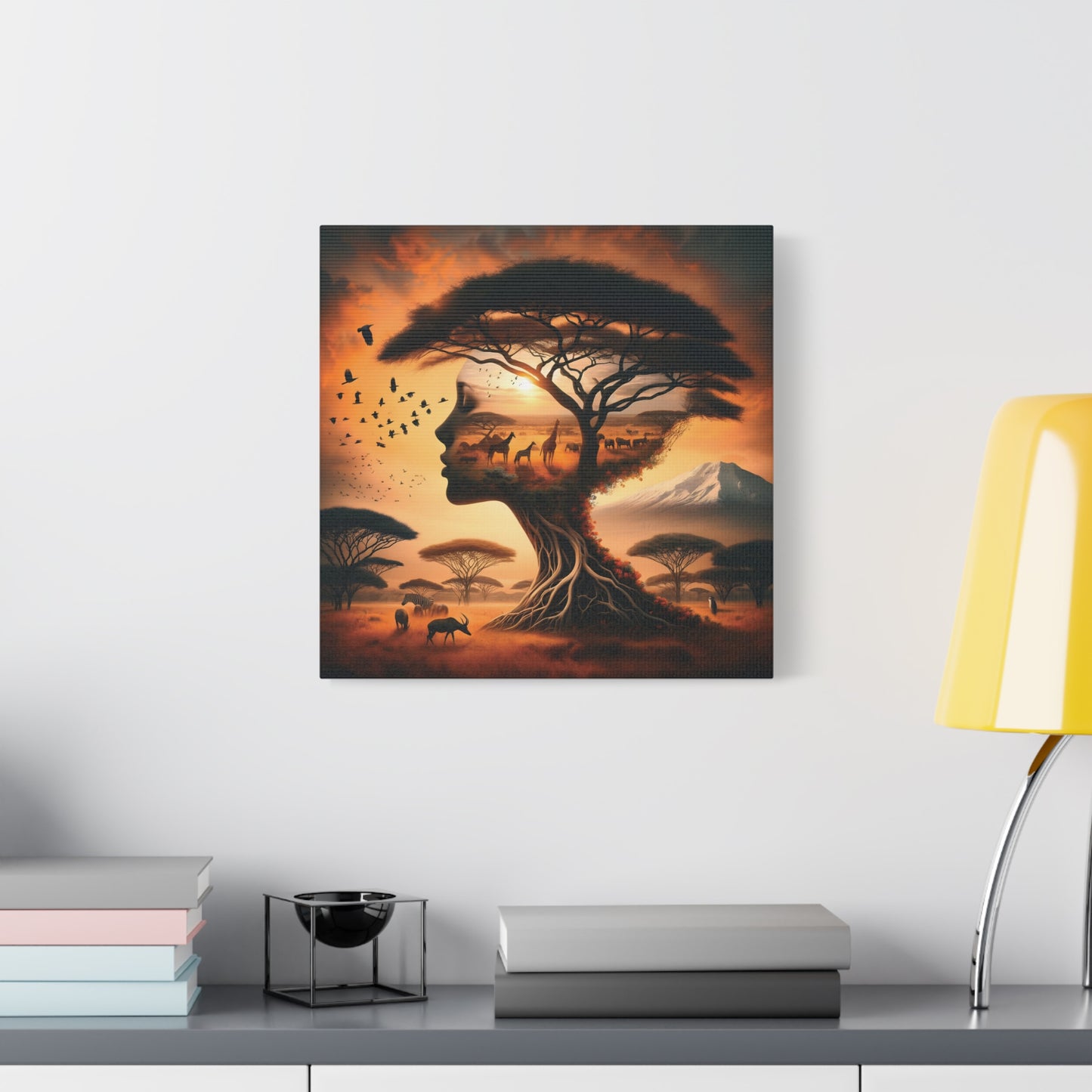 Mother Africa Silhouette Tree Art – Afrocentric Safari Wall Print with Wildlife & Mountain Scene - Dreamy Wall Decor for Nature Lovers, Wildlife Artwork,