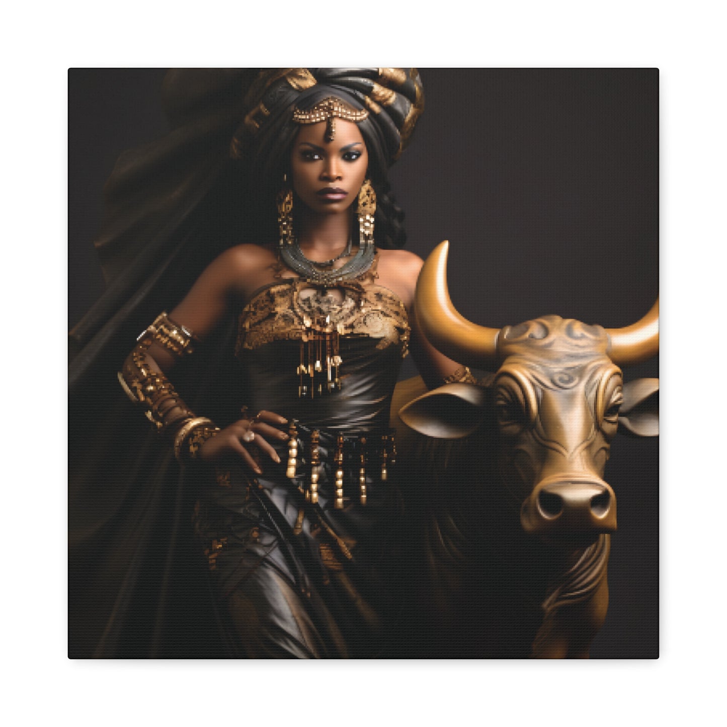 Golden African Queen with Bull – Regal Black Art Canvas for Empowered Spaces, Wall Decor, Home Decoration, Cultural Gift, Unique Artwork, Living Room Art