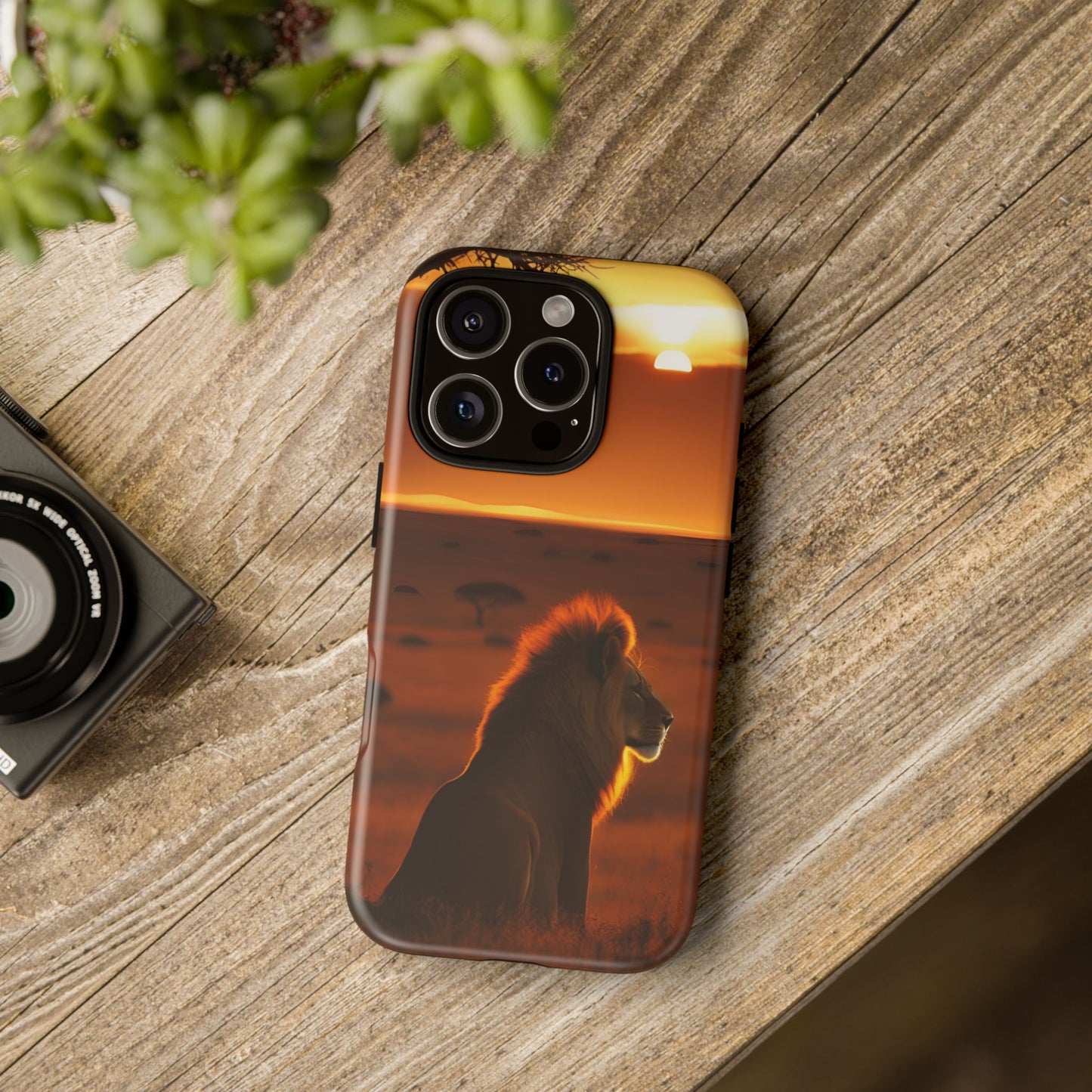 Lion Sunset Phone Case – Majestic Wildlife Art with Tree Silhouette, Safari-Inspired Protective Cover