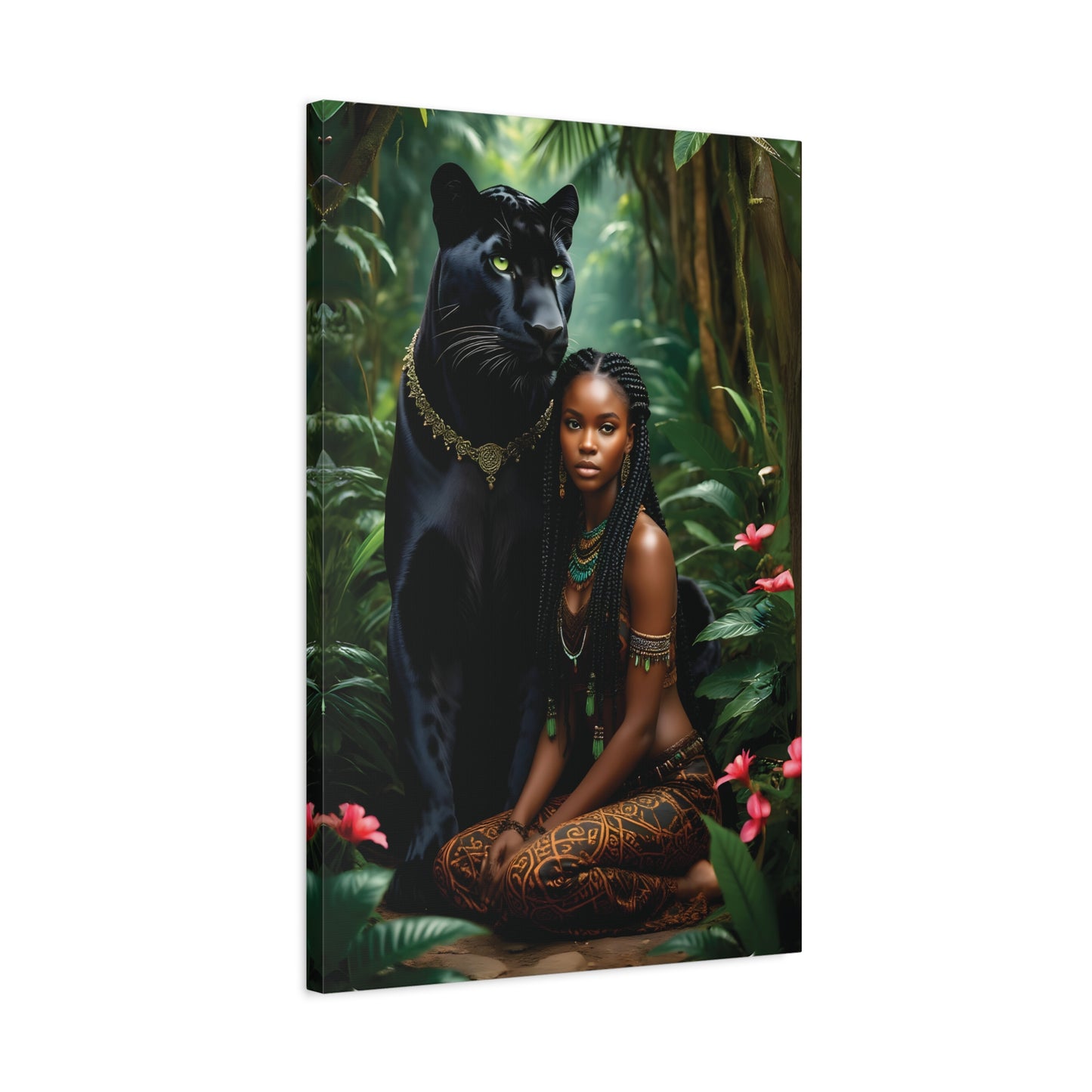 Exotic Jungle Canvas Art Print, Black Panther and Woman Wall Decor, Nature Lover Gift, Bohemian Home Art, Tropical Vibe Decoration, Afro Art
