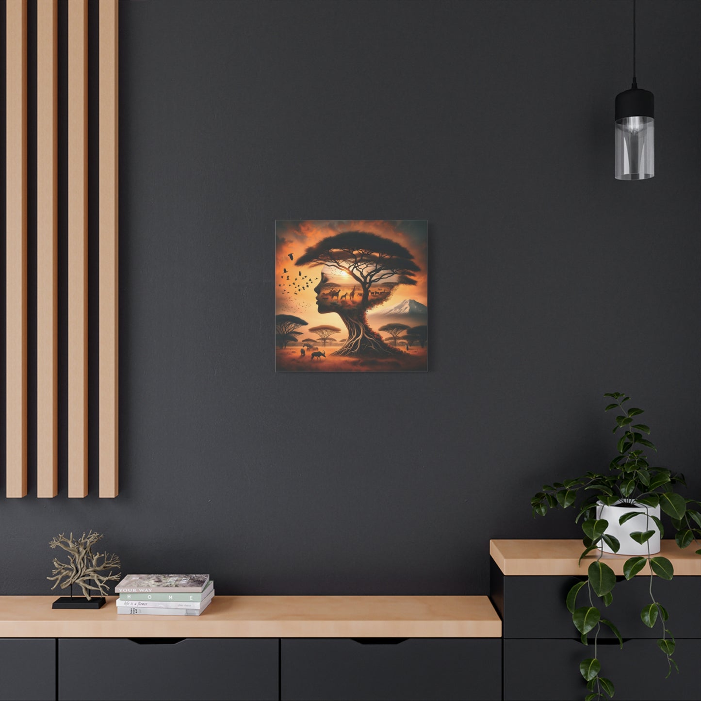 Mother Africa Silhouette Tree Art – Afrocentric Safari Wall Print with Wildlife & Mountain Scene - Dreamy Wall Decor for Nature Lovers, Wildlife Artwork,