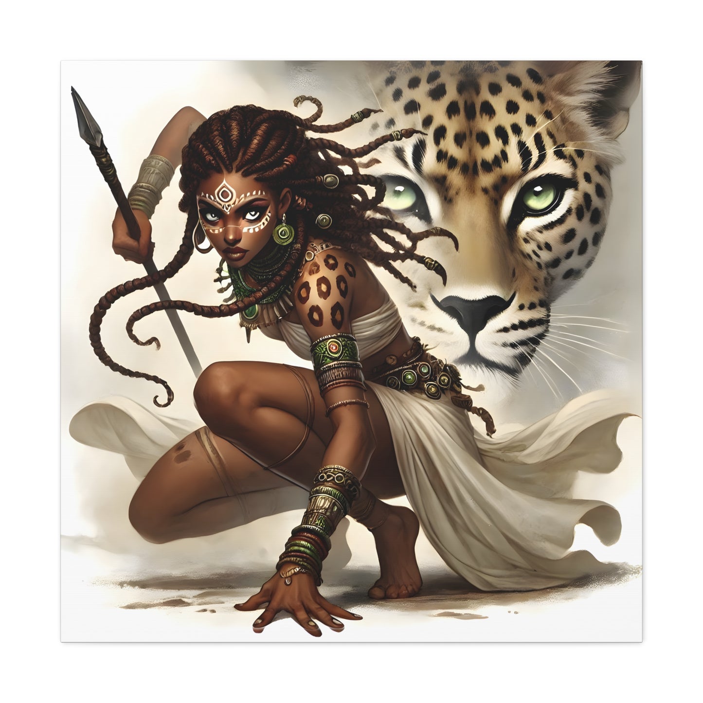 African Warrior Queen and Leopard Art – Empowering Canvas Wall Decor, Jungle Queen, Home Decor, African Art, Nature Inspired