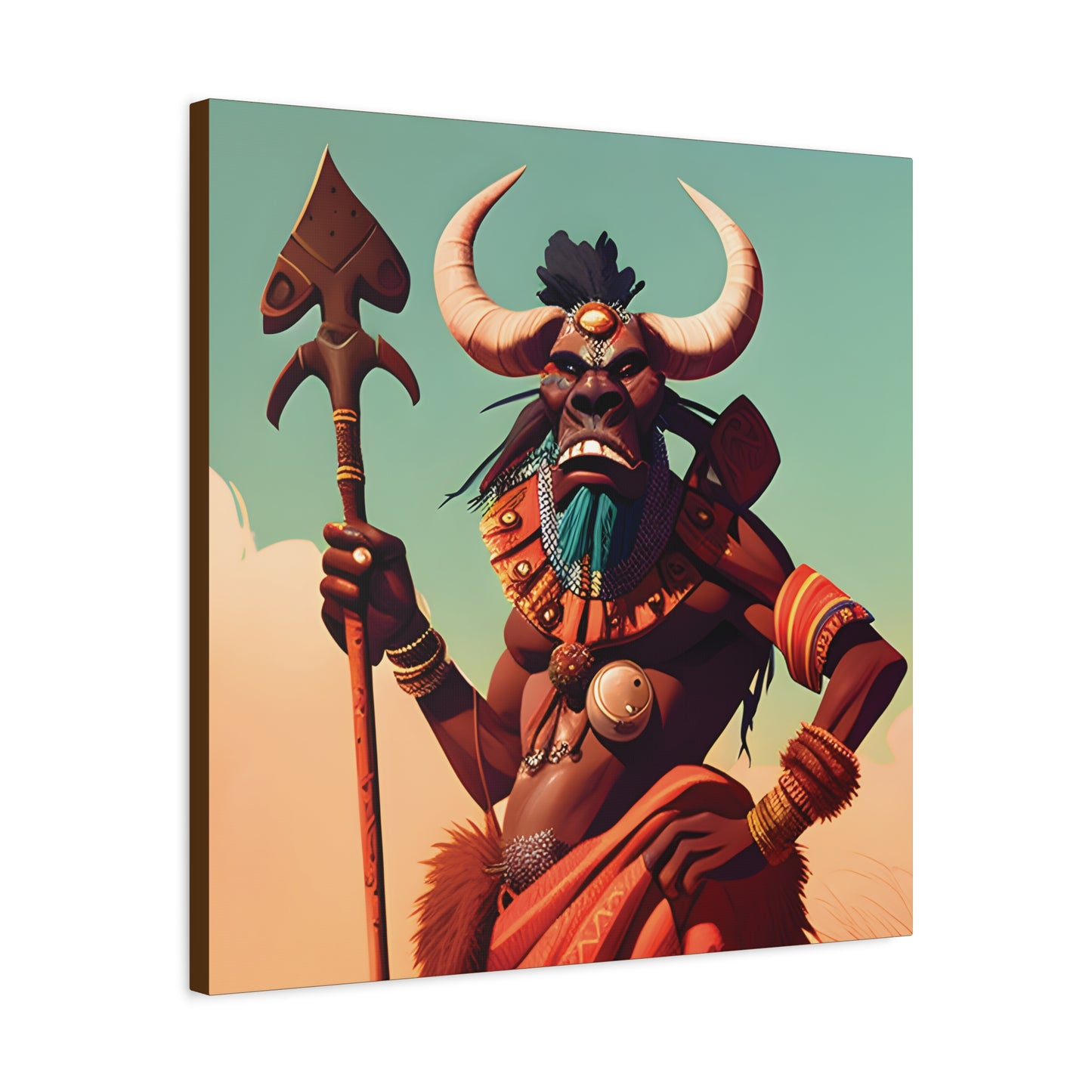 Bold African Tribal Warrior Canvas Art Print, Tribal Wall Decor, Cultural Artwork, Boho Home Decor, Unique Gifts for Him,Warrior Bull Spirit Art