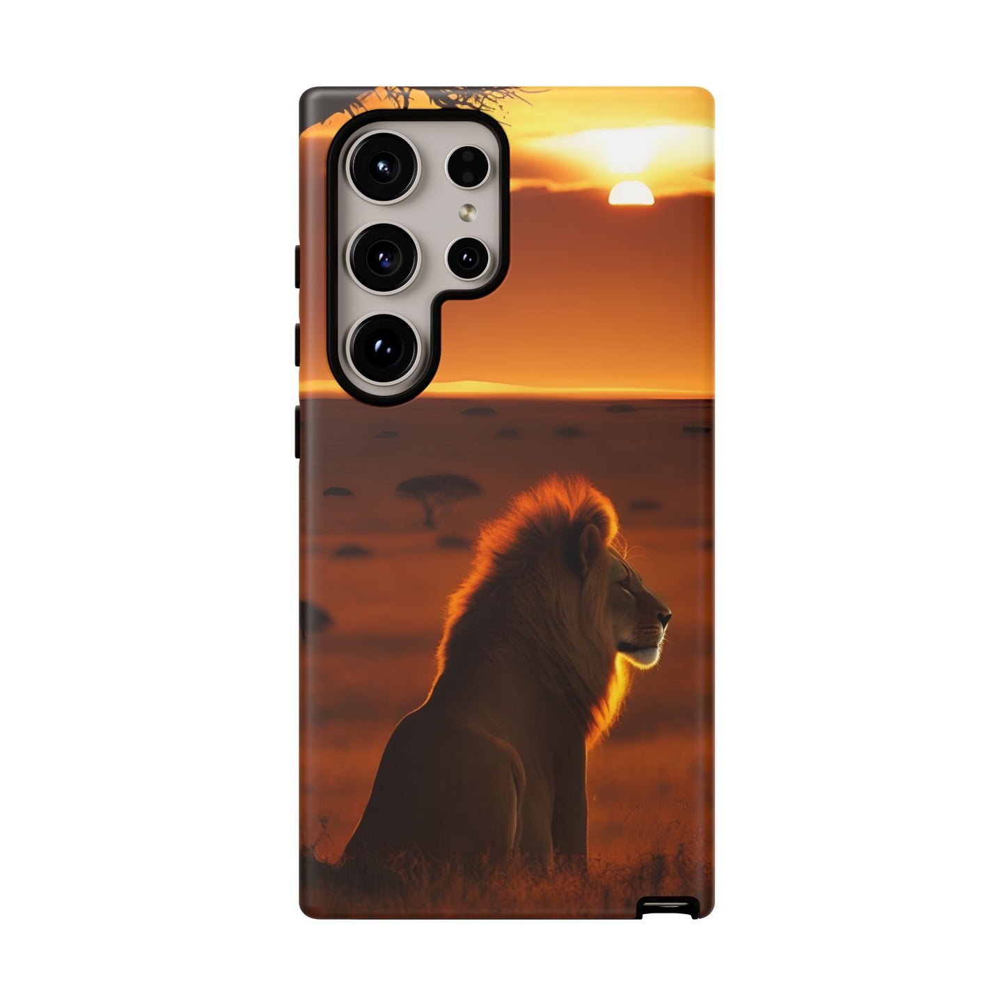 Lion Sunset Phone Case – Majestic Wildlife Art with Tree Silhouette, Safari-Inspired Protective Cover