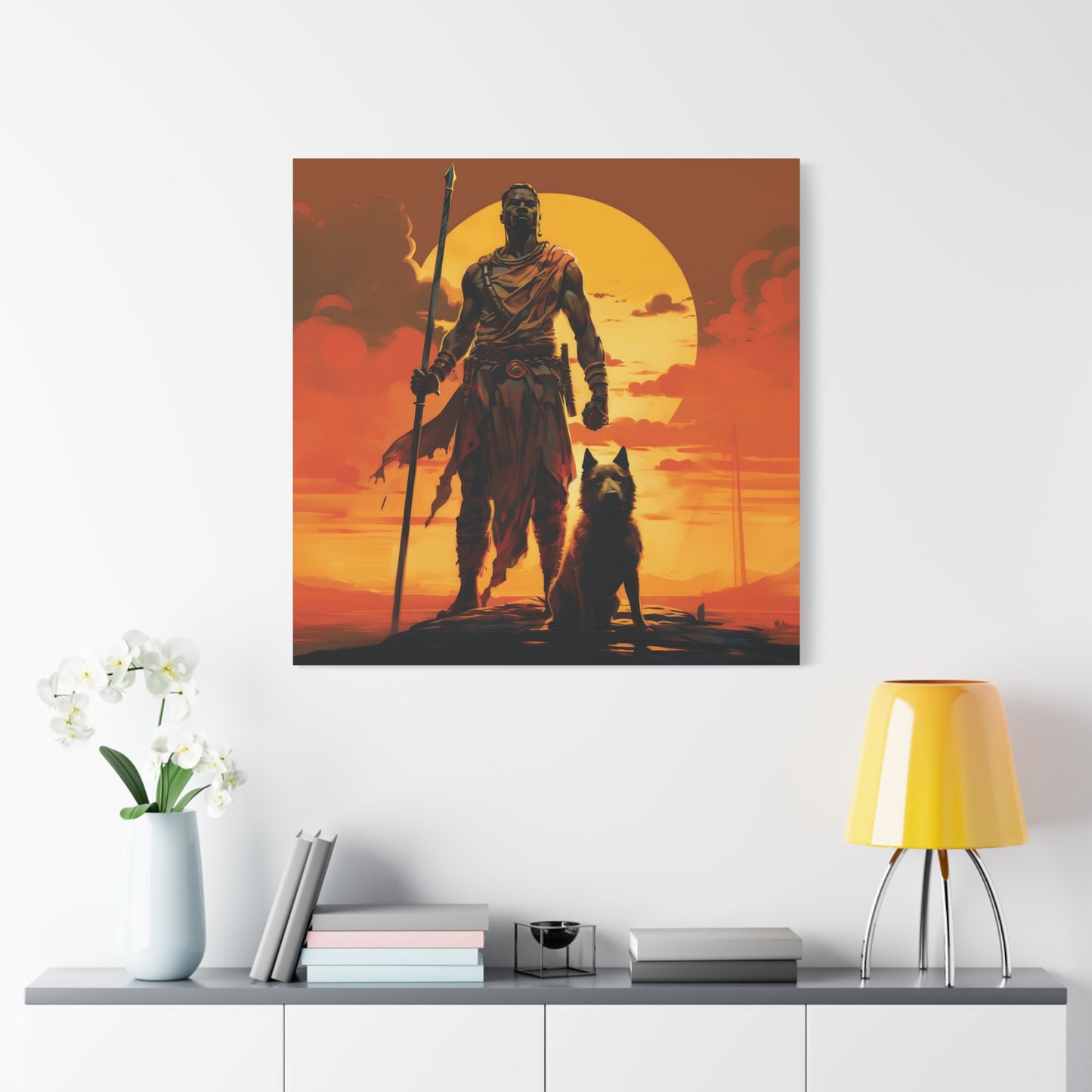 African Warrior and Guardian Dog Canvas artwork Print – Epic Sunset Wall Art for Bold Spaces, Wall Art, Home Decor, Unique Gift, Nature Inspired, Adventure Wall Hanging, Inspirational Art