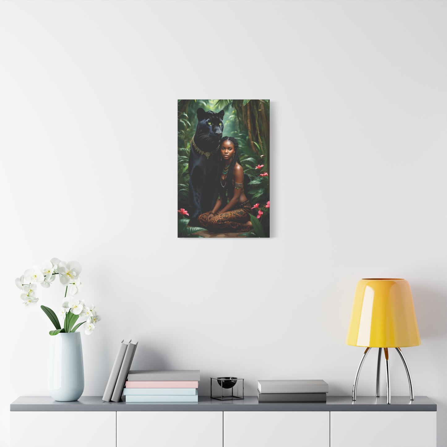 Exotic Jungle Canvas Art Print, Black Panther and Woman Wall Decor, Nature Lover Gift, Bohemian Home Art, Tropical Vibe Decoration, Afro Art
